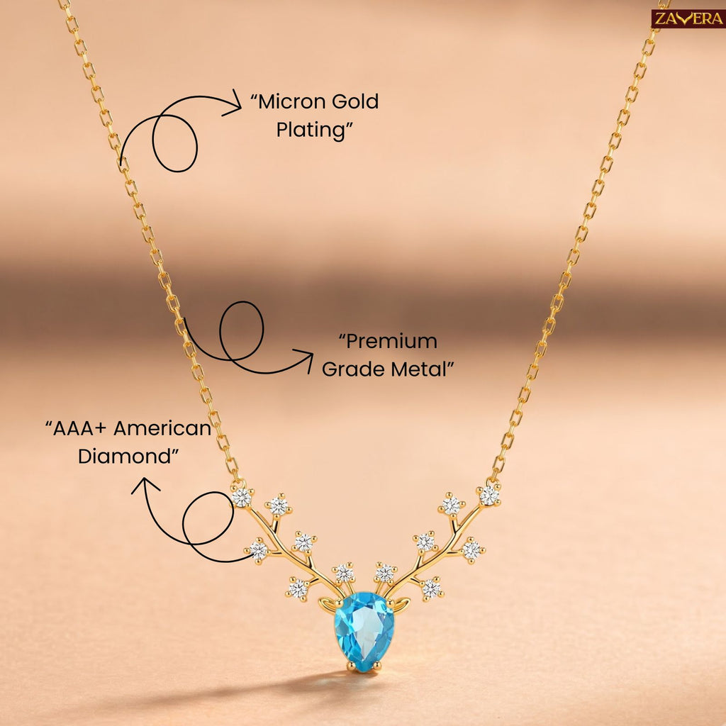 Zavera Gold Plated Elegant Blue Crystal Deer Antler Pendant For Women