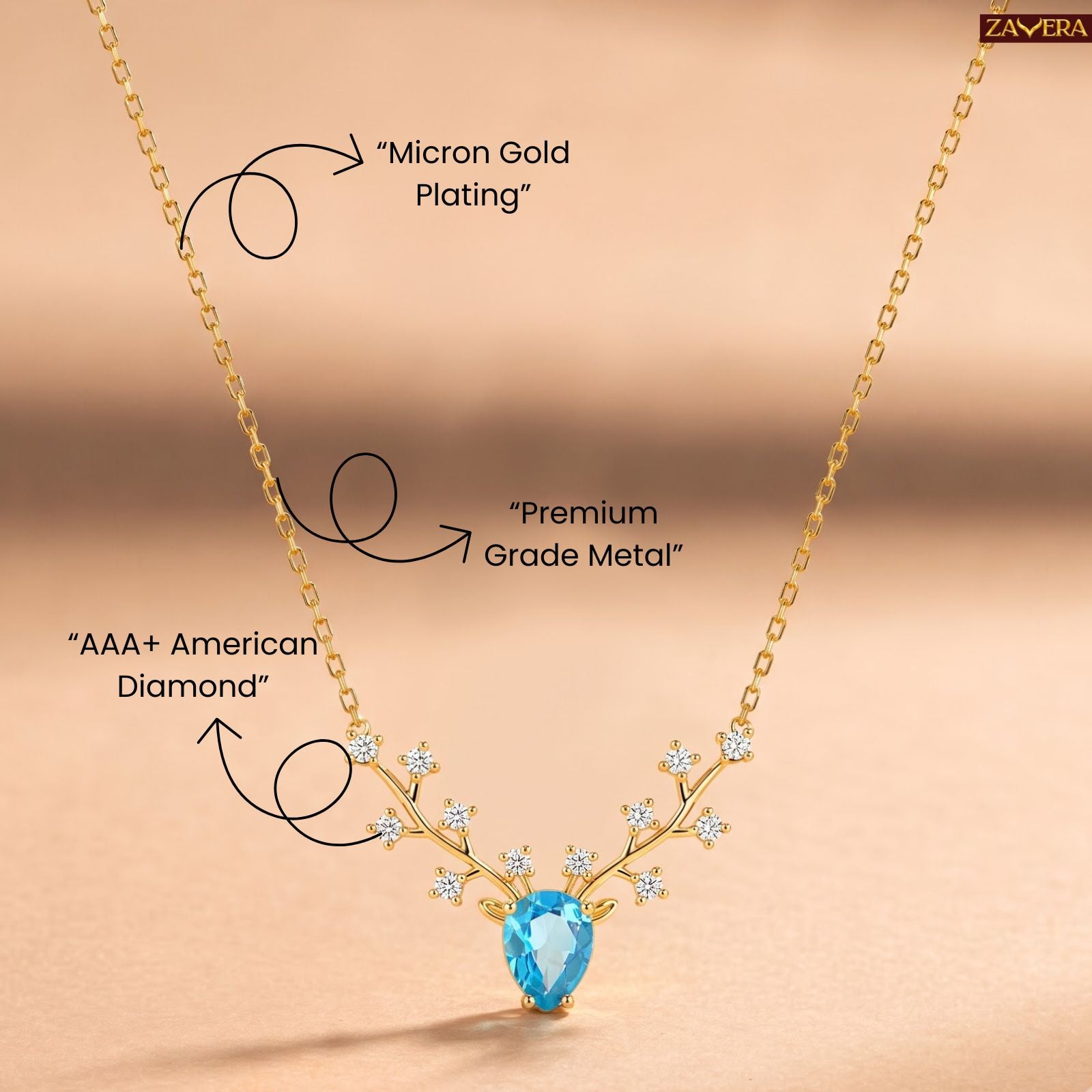 Zavera Gold Plated Elegant Blue Crystal Deer Antler Pendant For Women