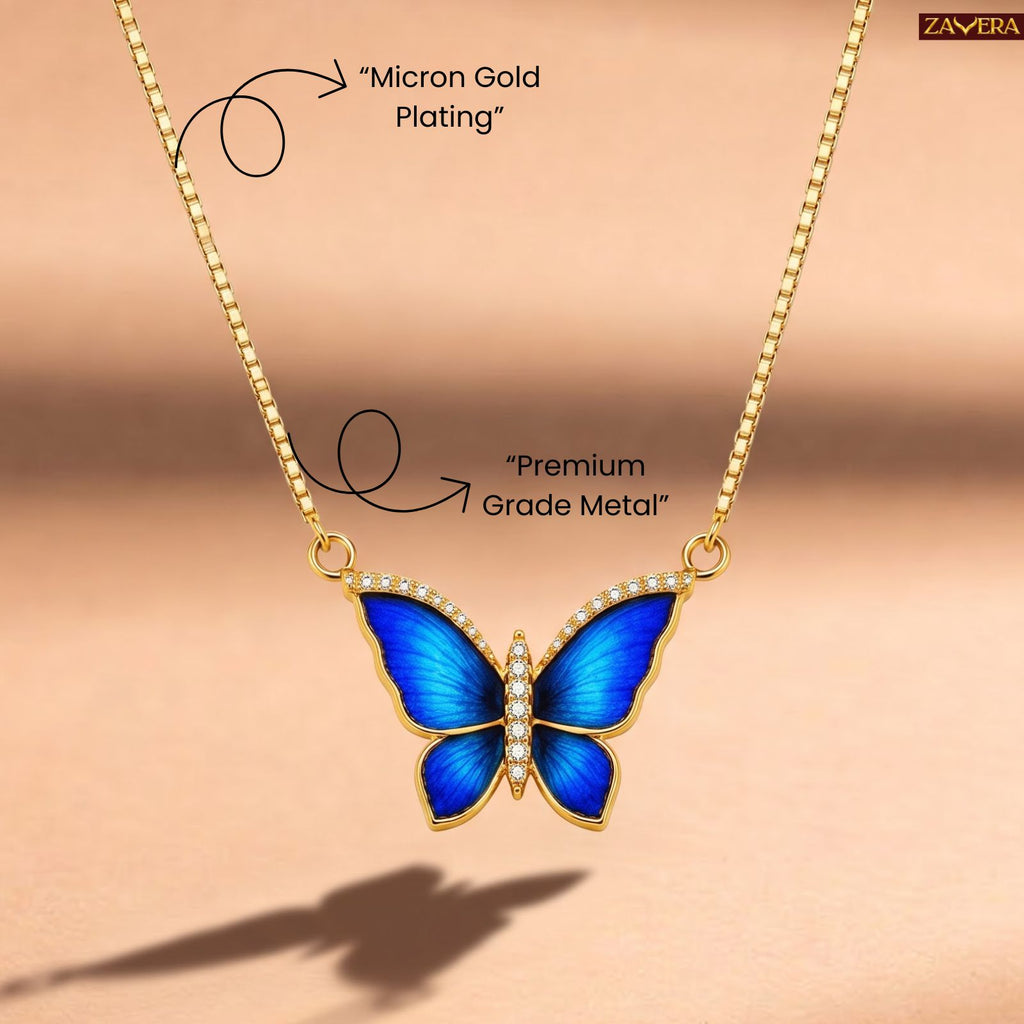Zavera Gold Plated Blue Enamel Butterfly Pendant For Women