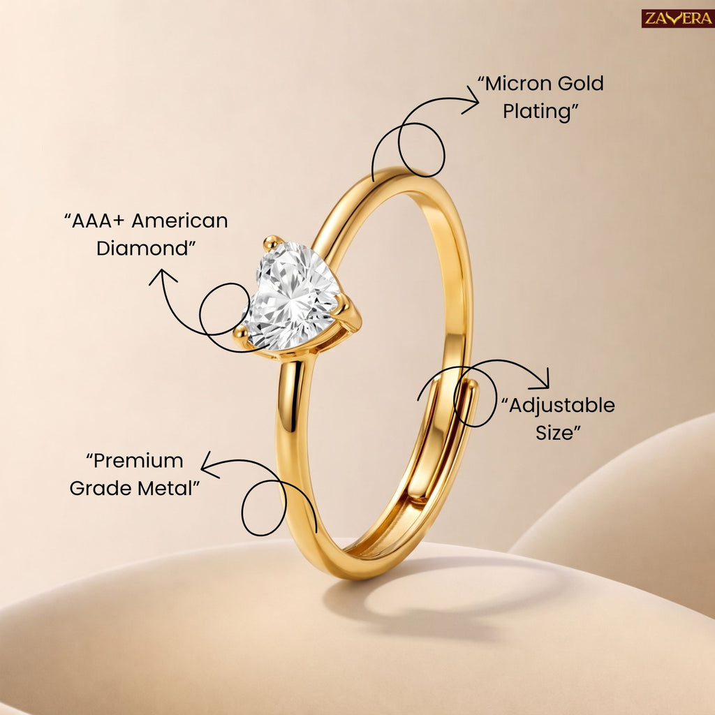 Zavera Brass 22K Heart Shape Solitaire Gold Plated Ring For Women