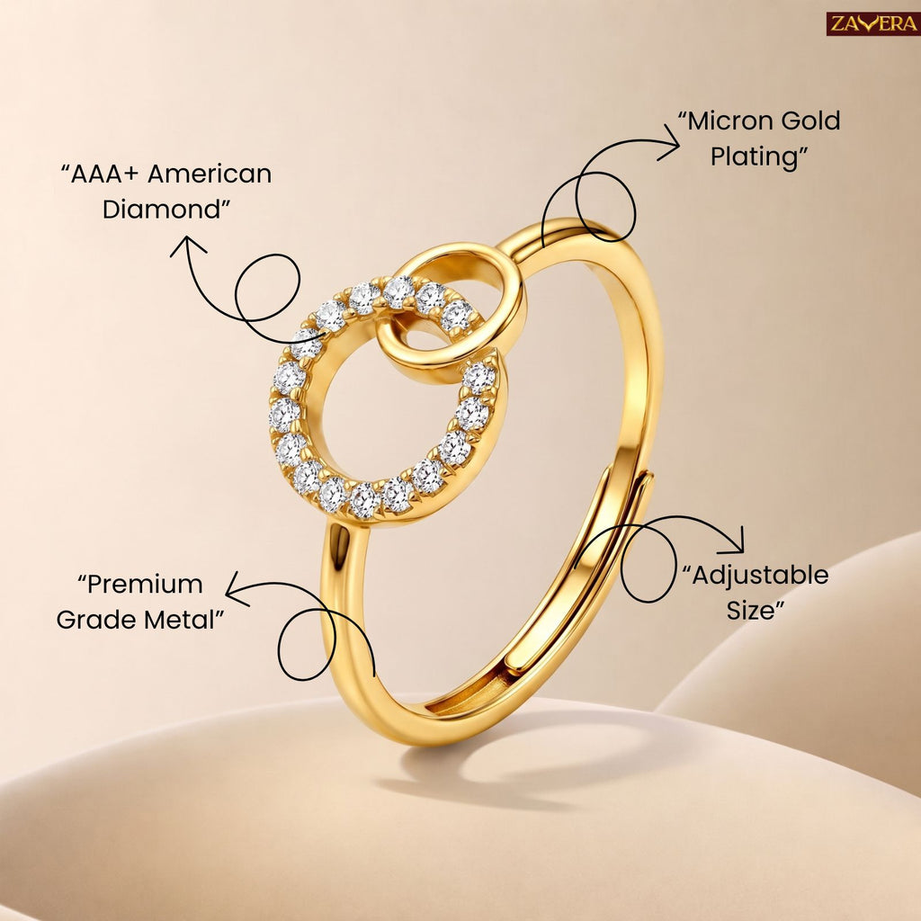 Zavera Brass 22K Infinity Inspired Linked Circle Solitaire Gold Plated Ring For Women