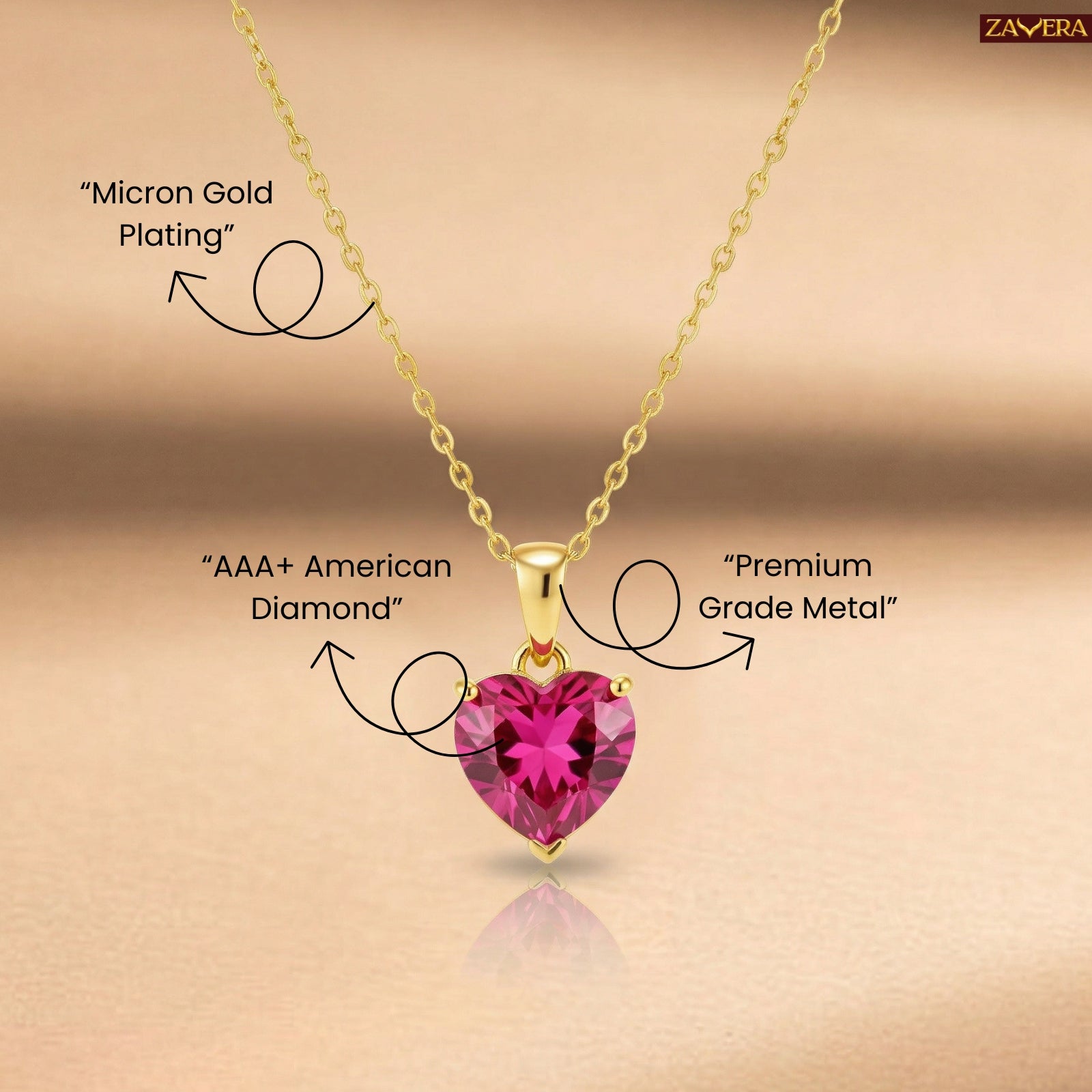 Zavera Dark Pink Heart Shape Crystal Pendant Gold Plated