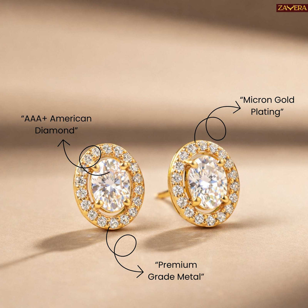 Zavera Gold Plated Round American Diamond Stud Earrings for Women