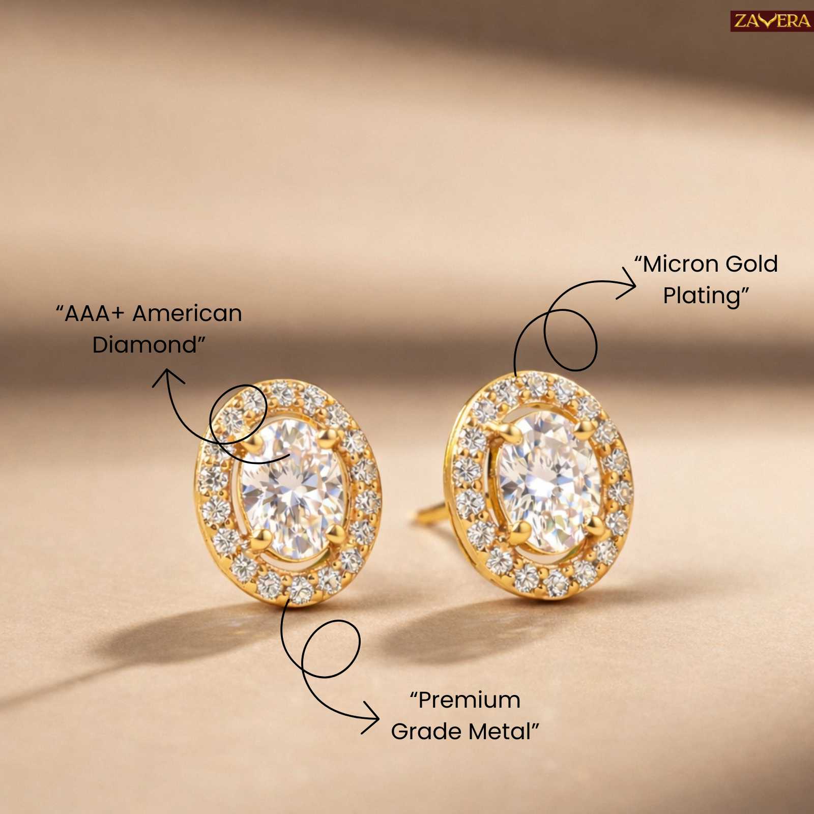 Zavera Gold Plated Round American Diamond Stud Earrings for Women
