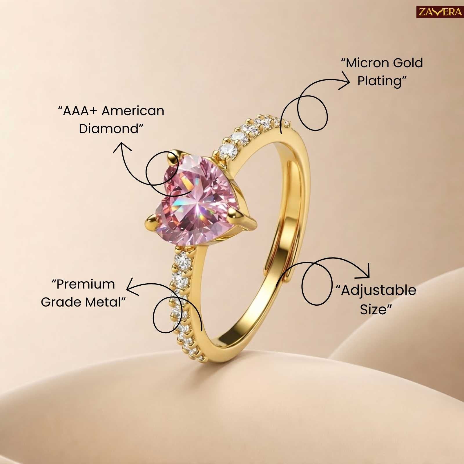 Zavera Gold Plated Pink Blush Heart Adjustable Ring