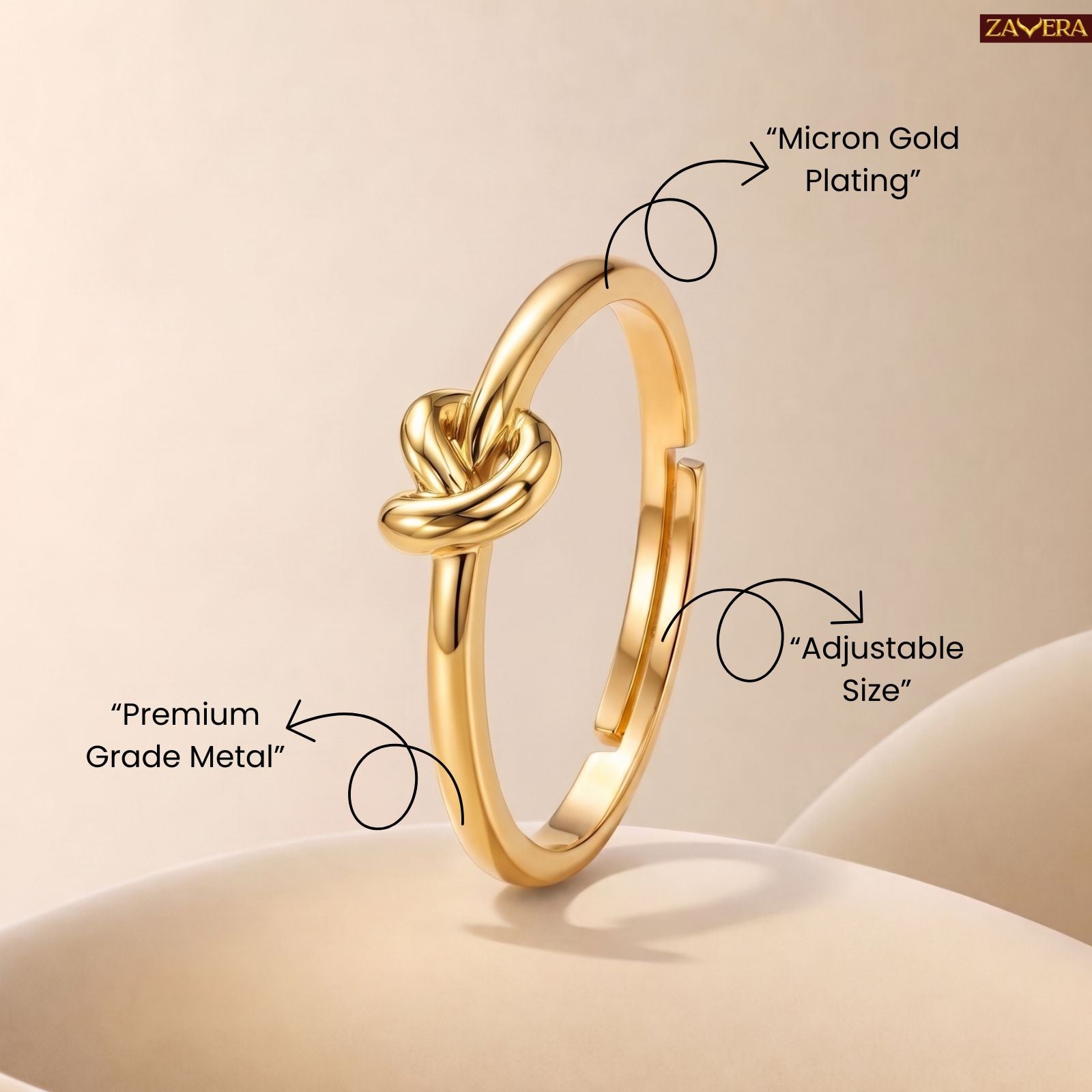 Zavera Brass 22K Love Knot Adjustable Gold Plated Ring For Women