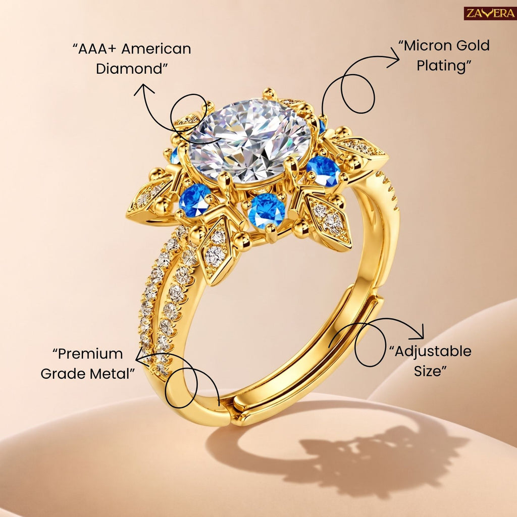 Zavera Brass 22K Adjustable Floral Halo American Diamond Gold Plated Ring For Women