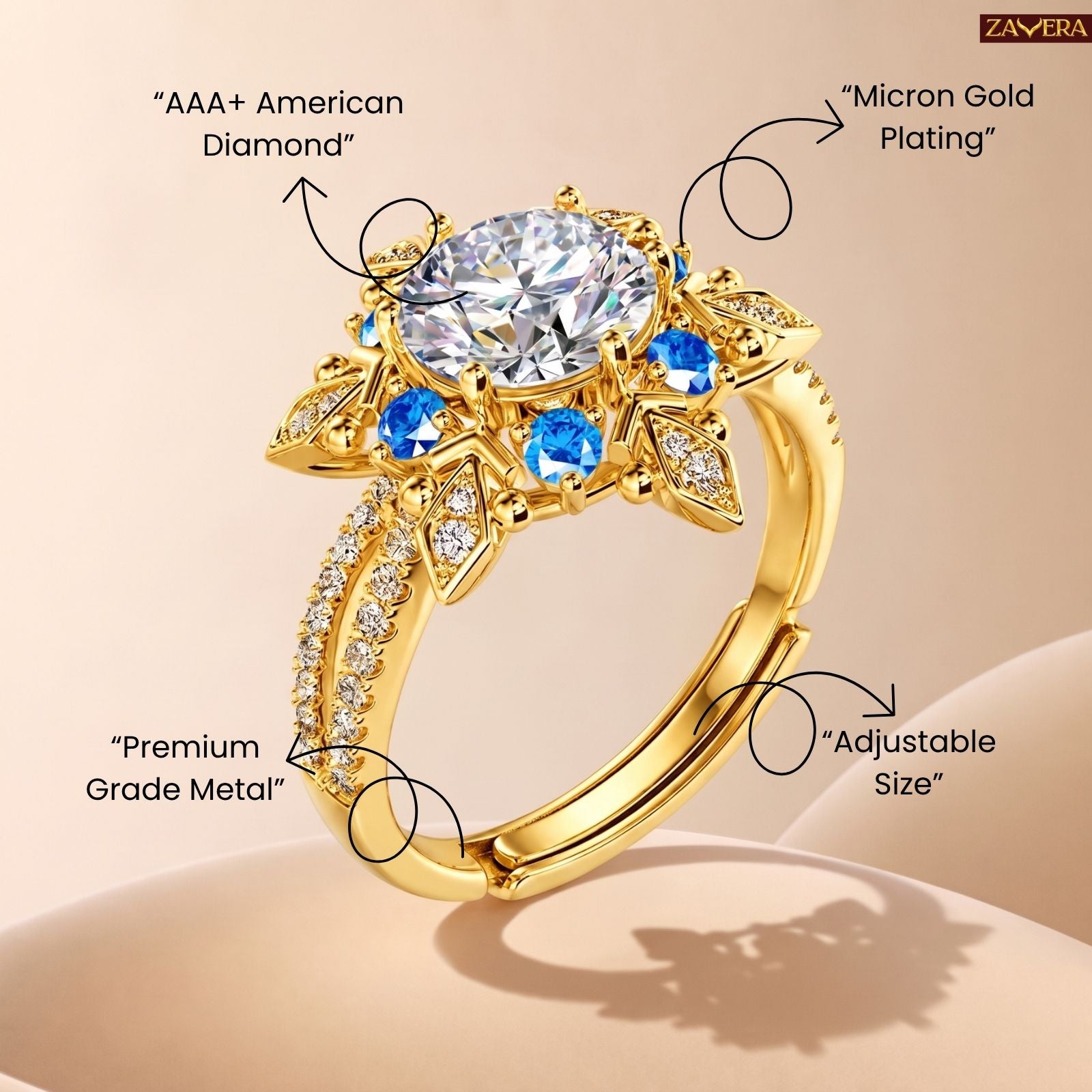 Zavera Brass 22K Adjustable Floral Halo American Diamond Gold Plated Ring For Women