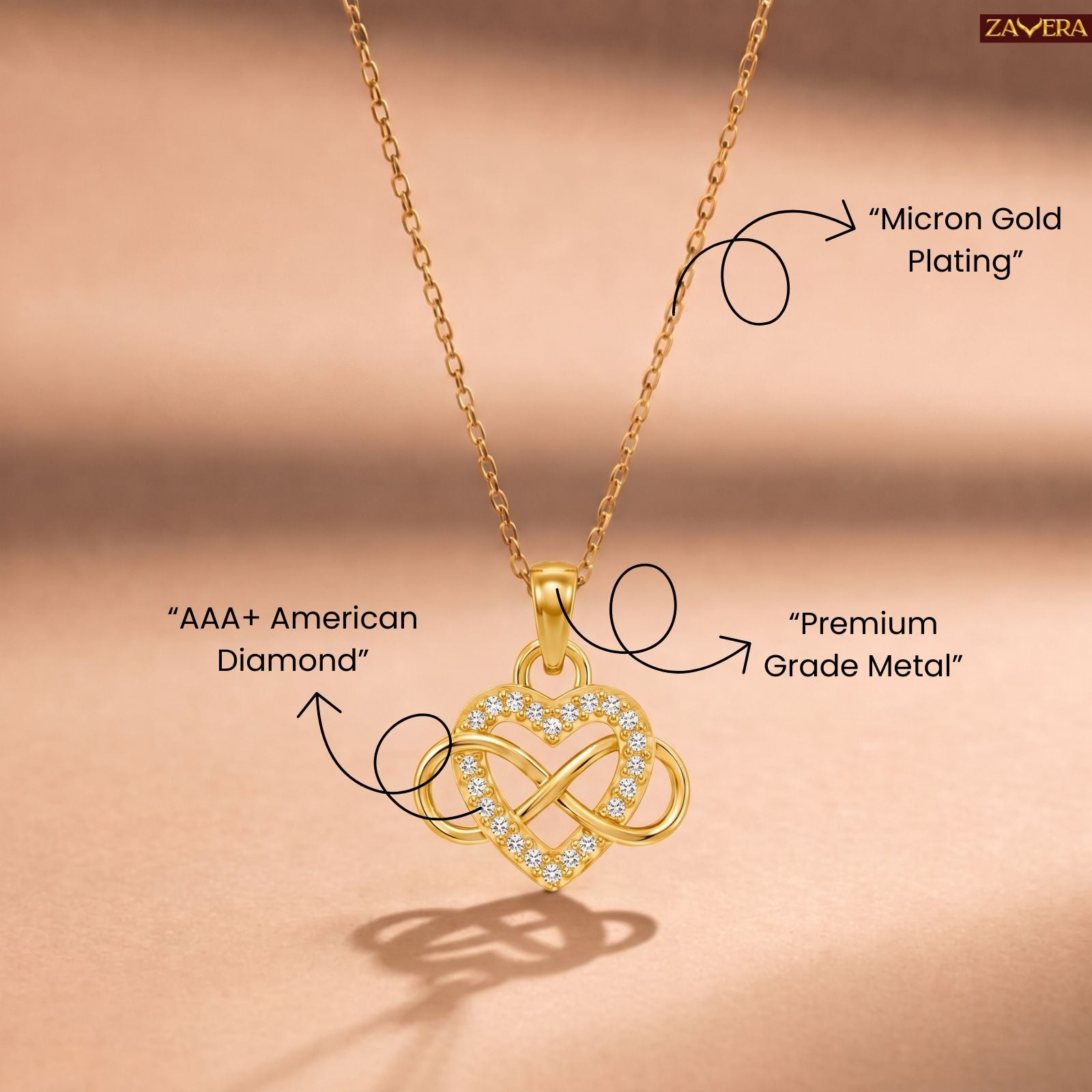 Zavera Gold Plated Elegant Infinity Heart Pendant For Women
