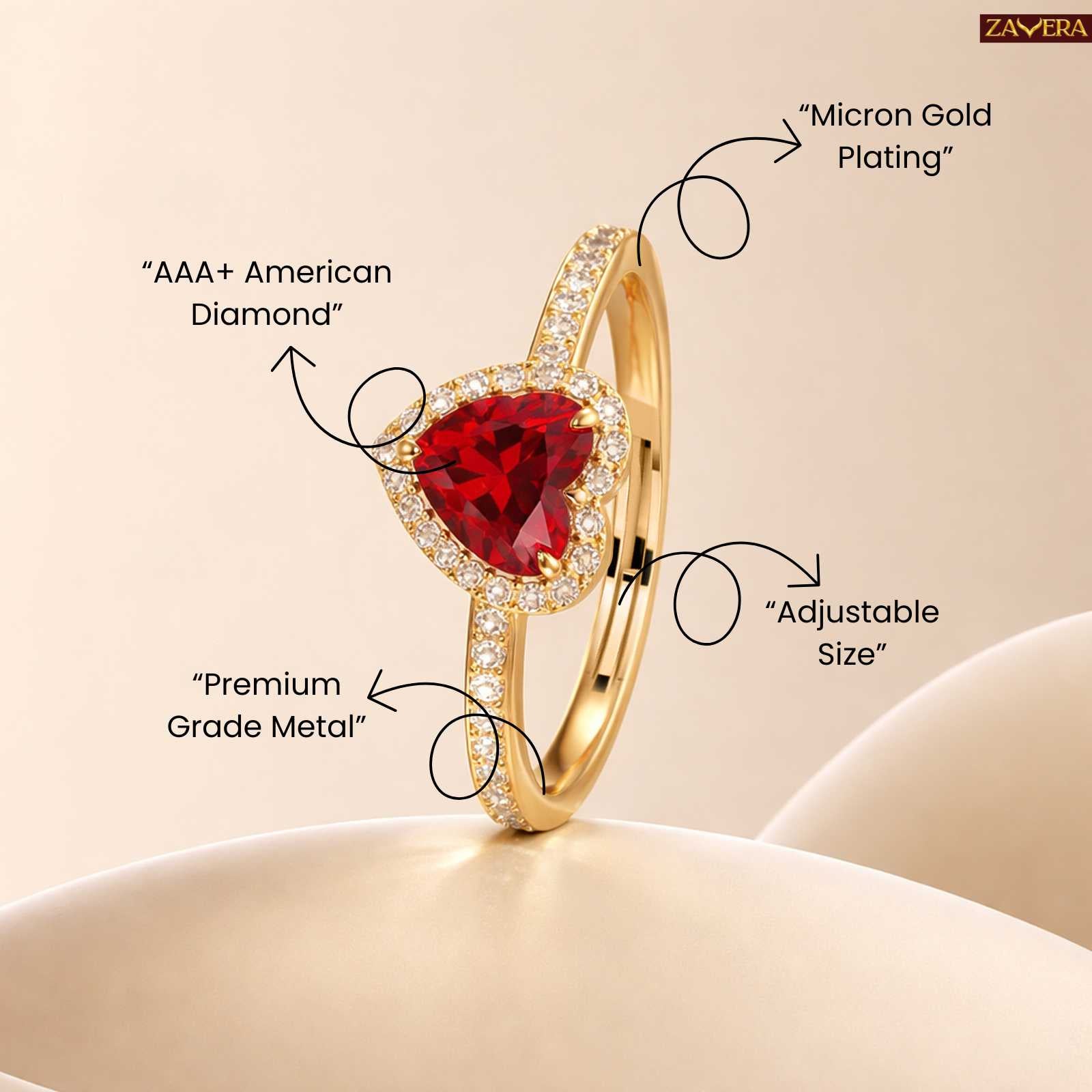 Zavera Gold Plated Ruby Heart Halo Adjustable Ring