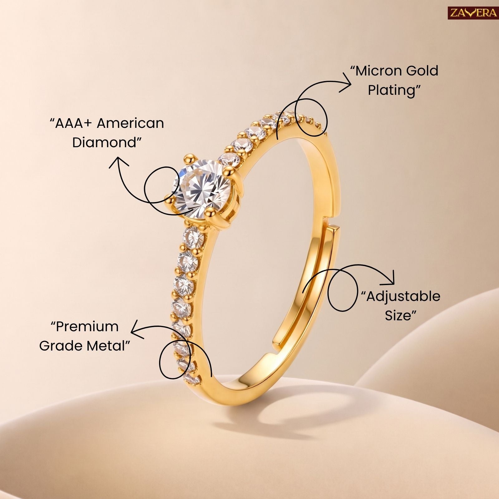 Zavera Brass 22K Adjustable CZ Solitaire Gold Plated Ring For Women