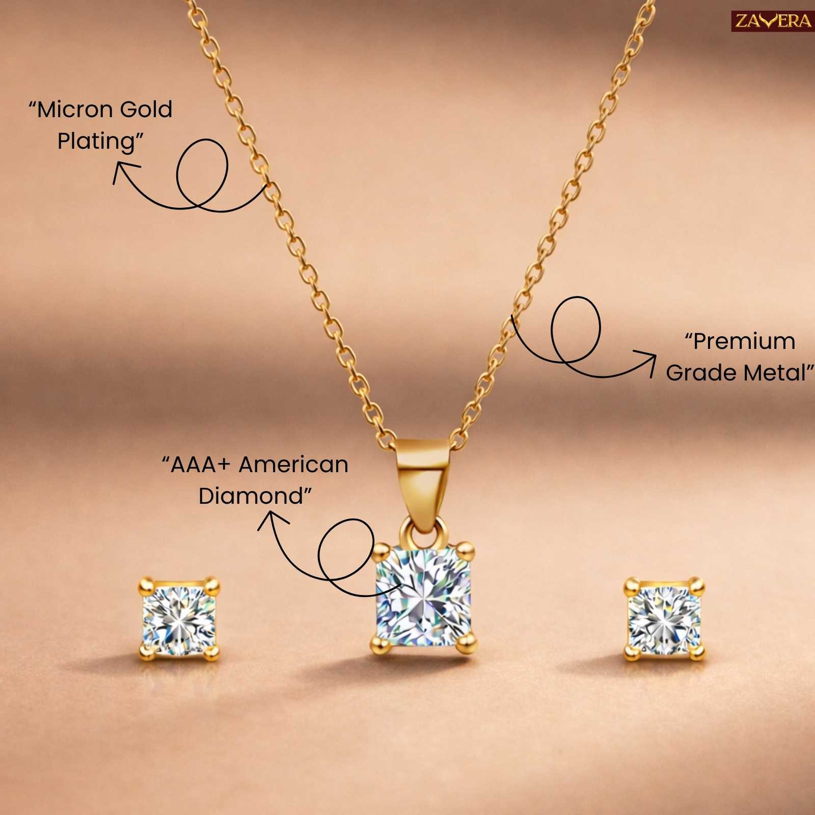 Zavera Square Solitaire Diamond Gold Plated Pendant Set with Earrings