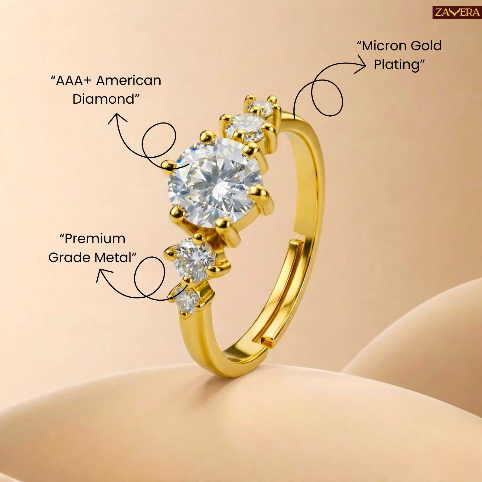 Zavera Round Solitaire Crystal Adjustable Ring Gold Plated