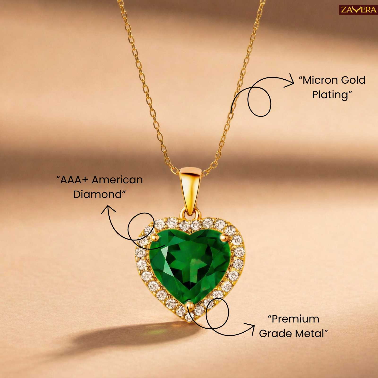 Zavera Gold Plated Emerald Heart Halo Pendant
