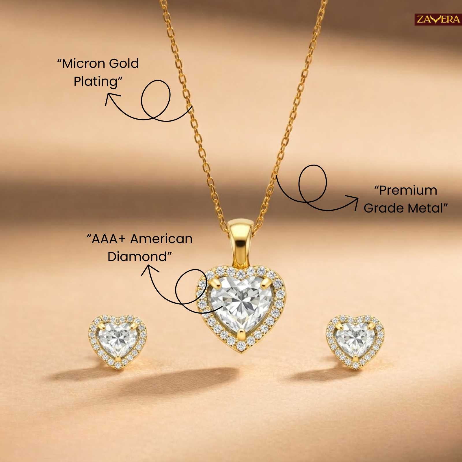 Zavera Heart Shape Pendant with Earrings Set Gold Plated