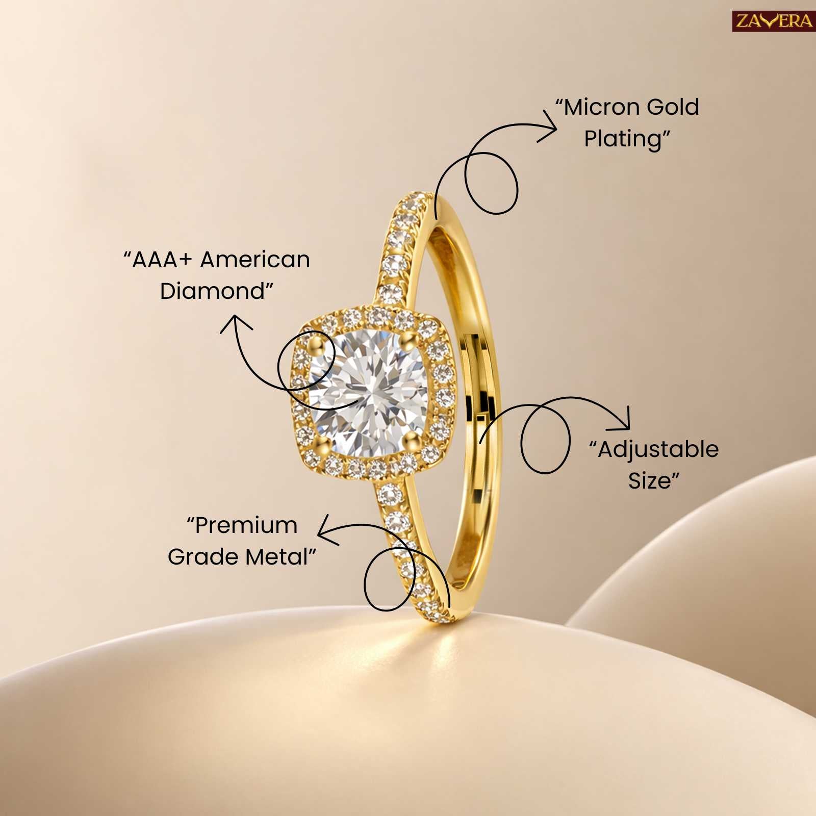 Zavera Gold Plated Halo Stone Adjustable Ring