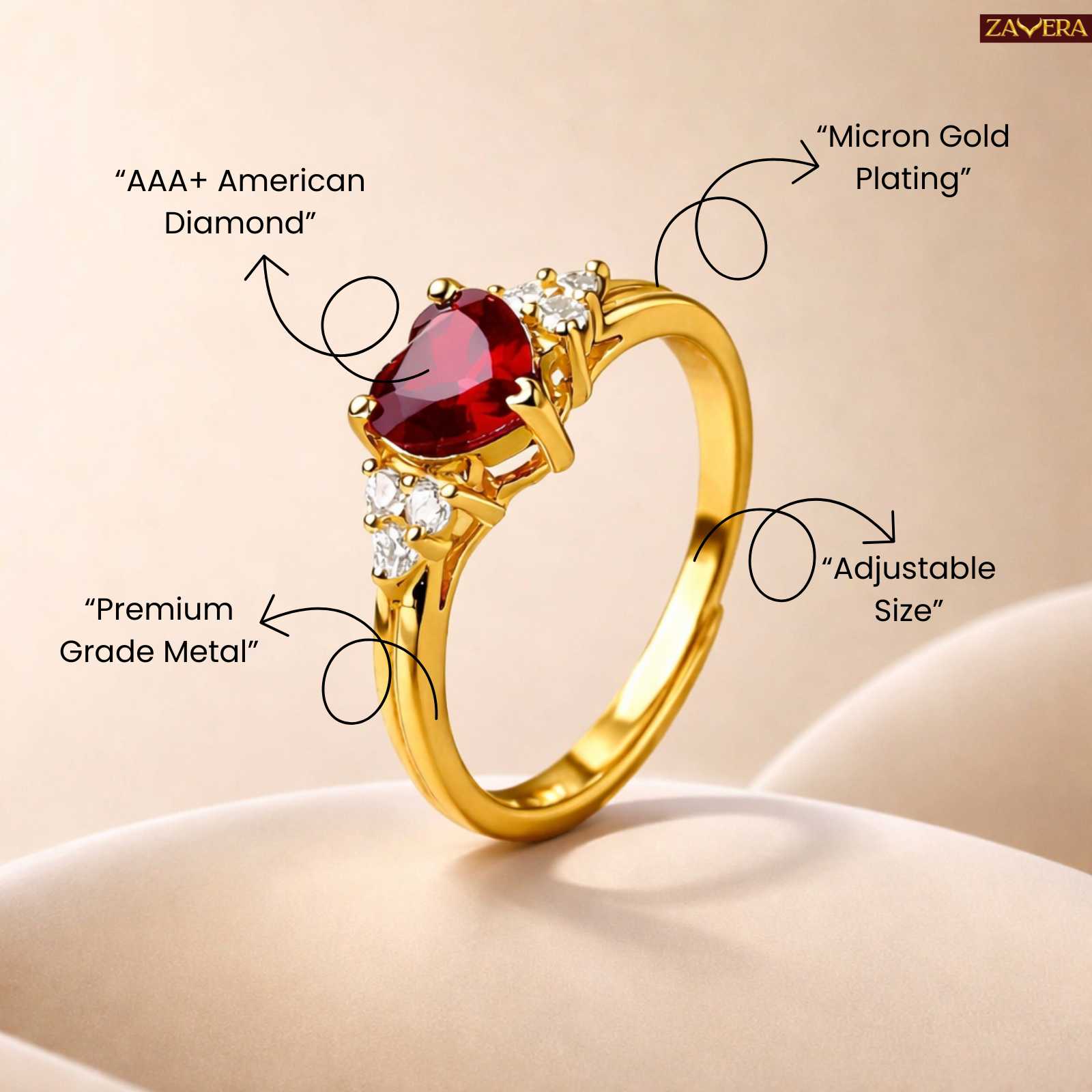 Zavera Gold Plated Ruby Heart Halo Adjustable Ring
