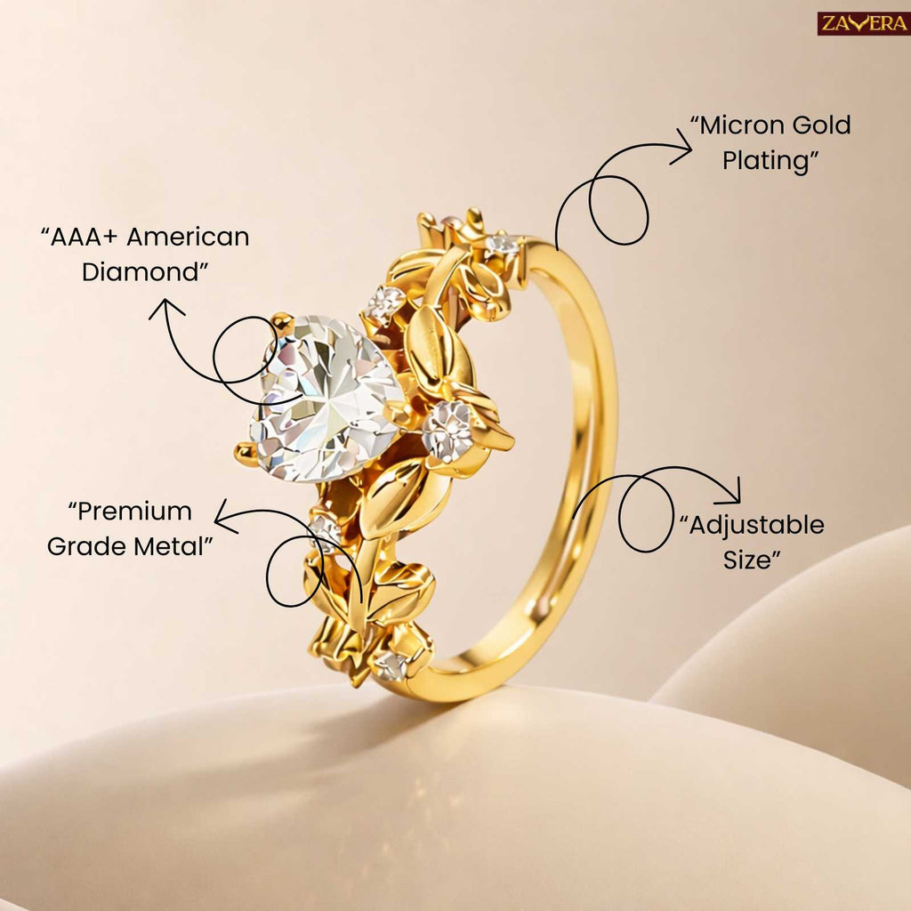Zavera Gold Plated Heart Vintage Vine Statement Adjustable Ring