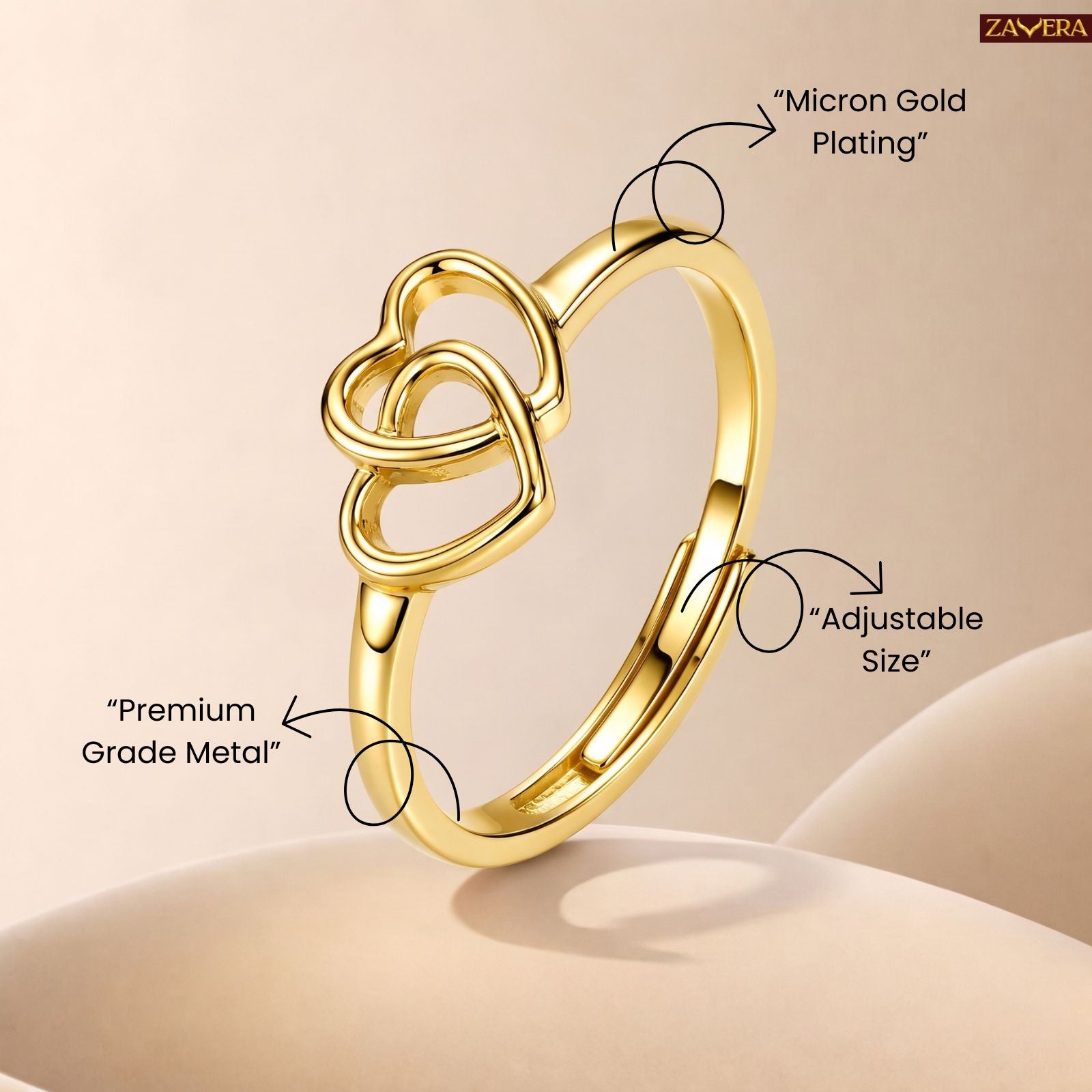 Zavera Brass 22K Elegant Double Heart Love Gold Plated Adjustable Ring For Women