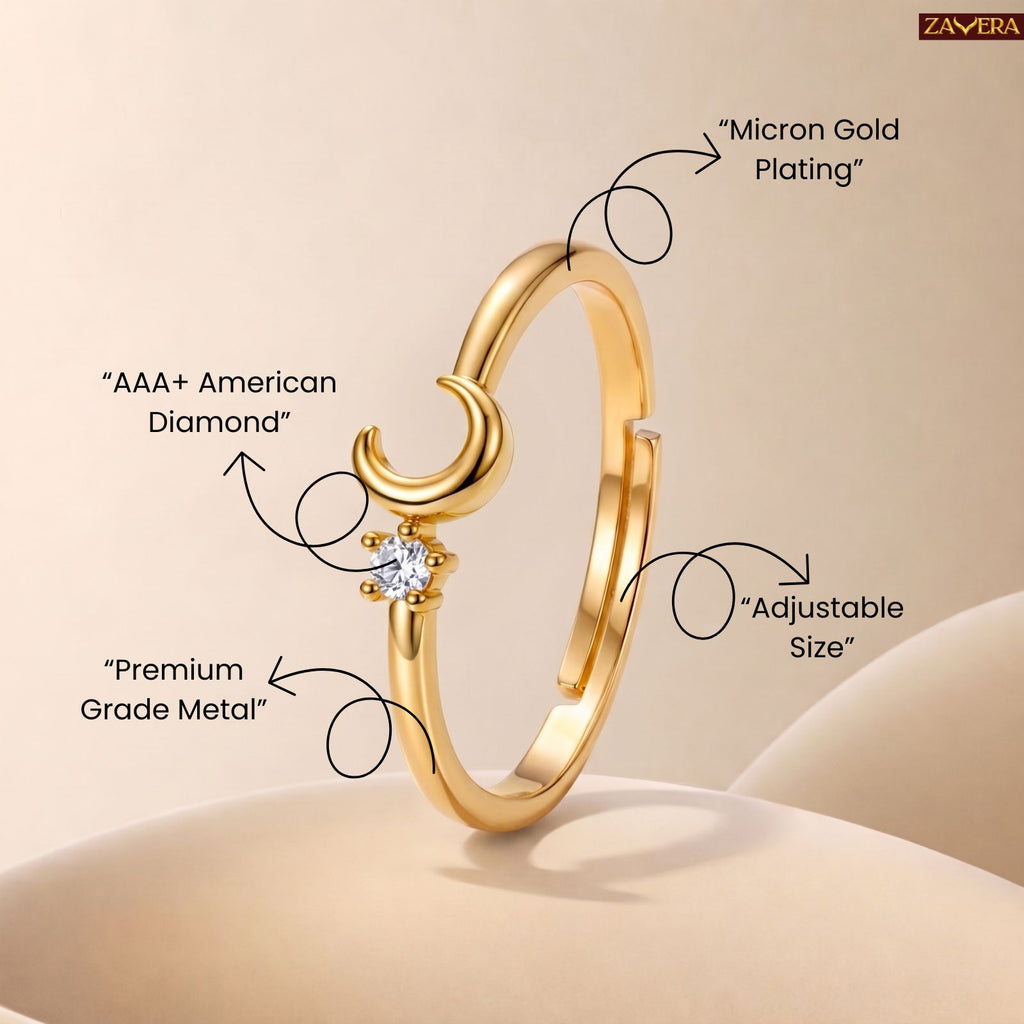 Zavera Brass 22K Dainty Crescent Moon Gold Plated Ring For Women