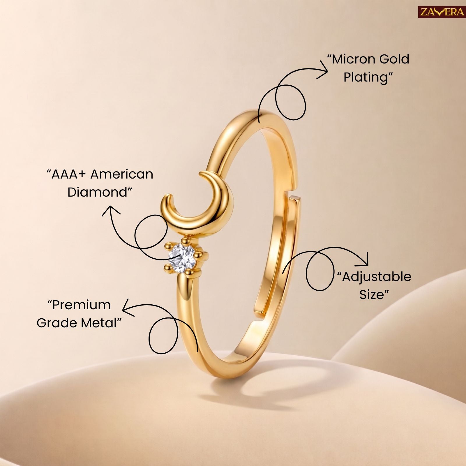 Zavera Brass 22K Dainty Crescent Moon Gold Plated Ring For Women