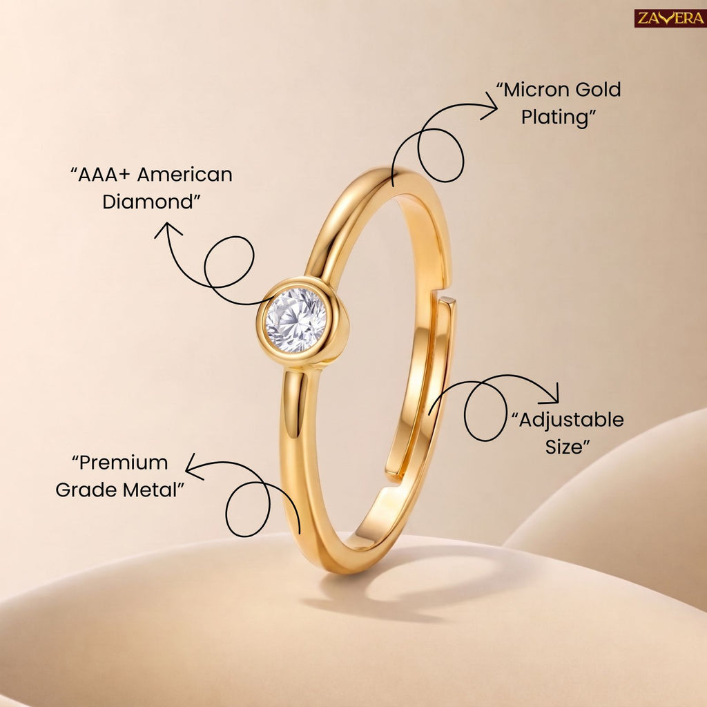 Zavera Brass 22K Classic Solitaire Gold Plated Adjustable Ring For Women