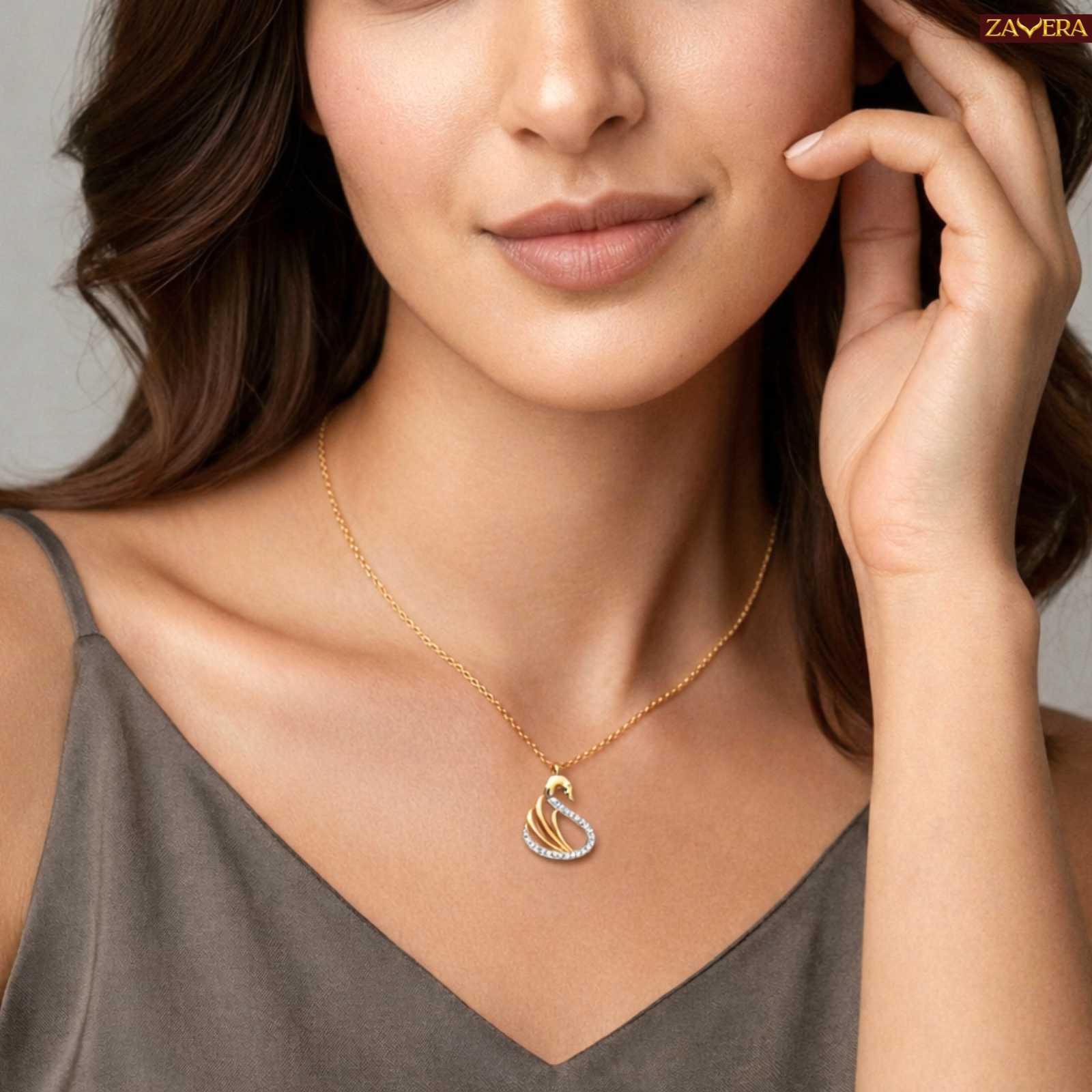 Zavera Swan Design Diamond Gold Plated Pendant