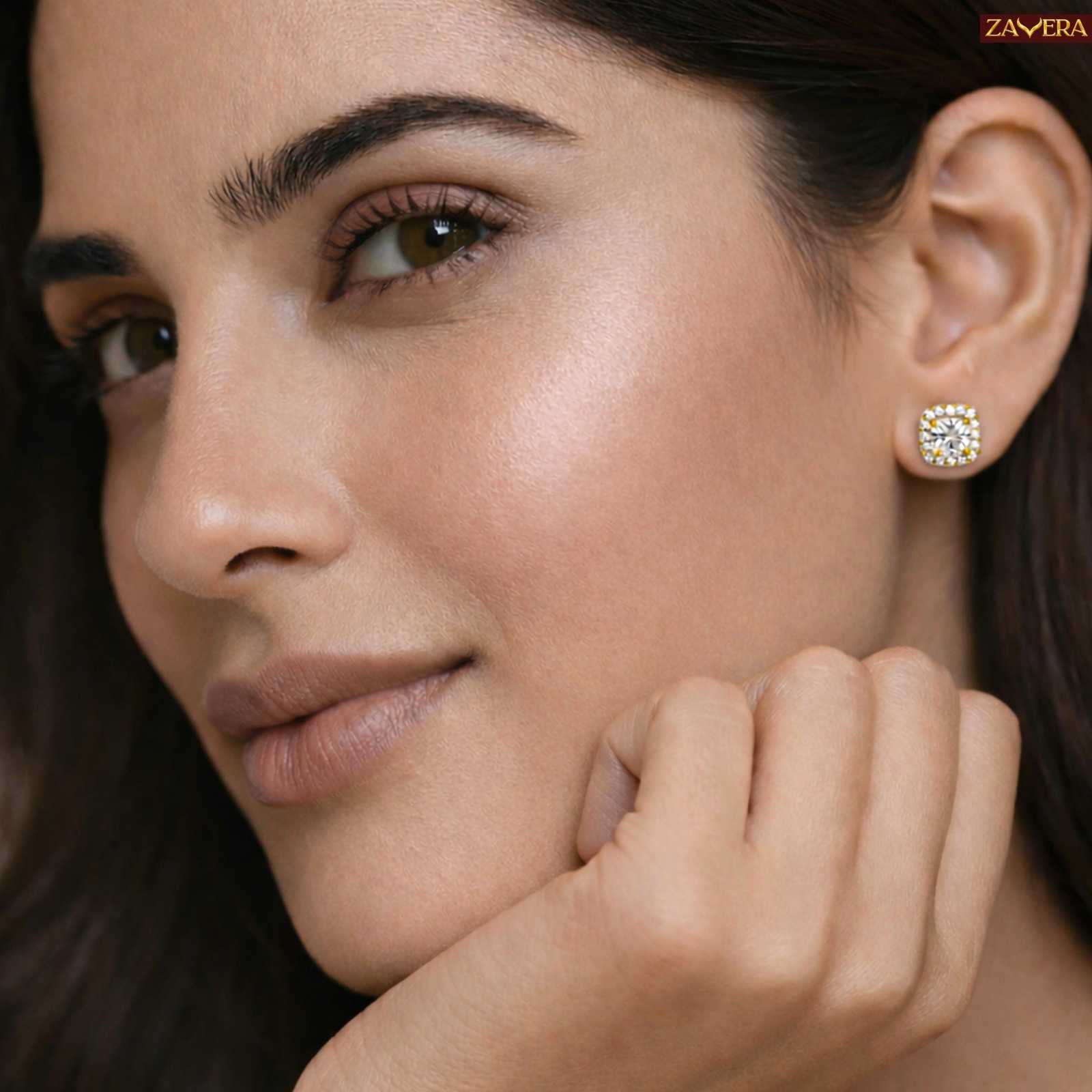 Zavera Square Halo Gold Plated Stud Earrings
