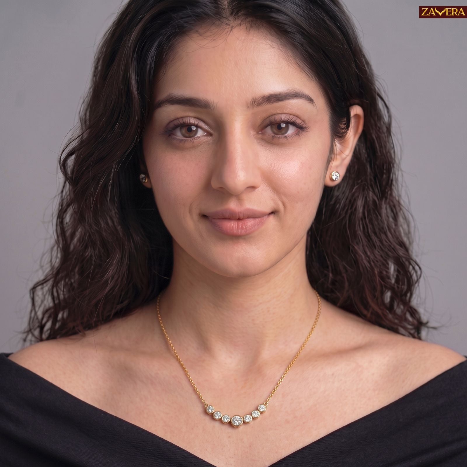Zavera Gold Plated American Diamond Pendant with Stud Earrings for Women