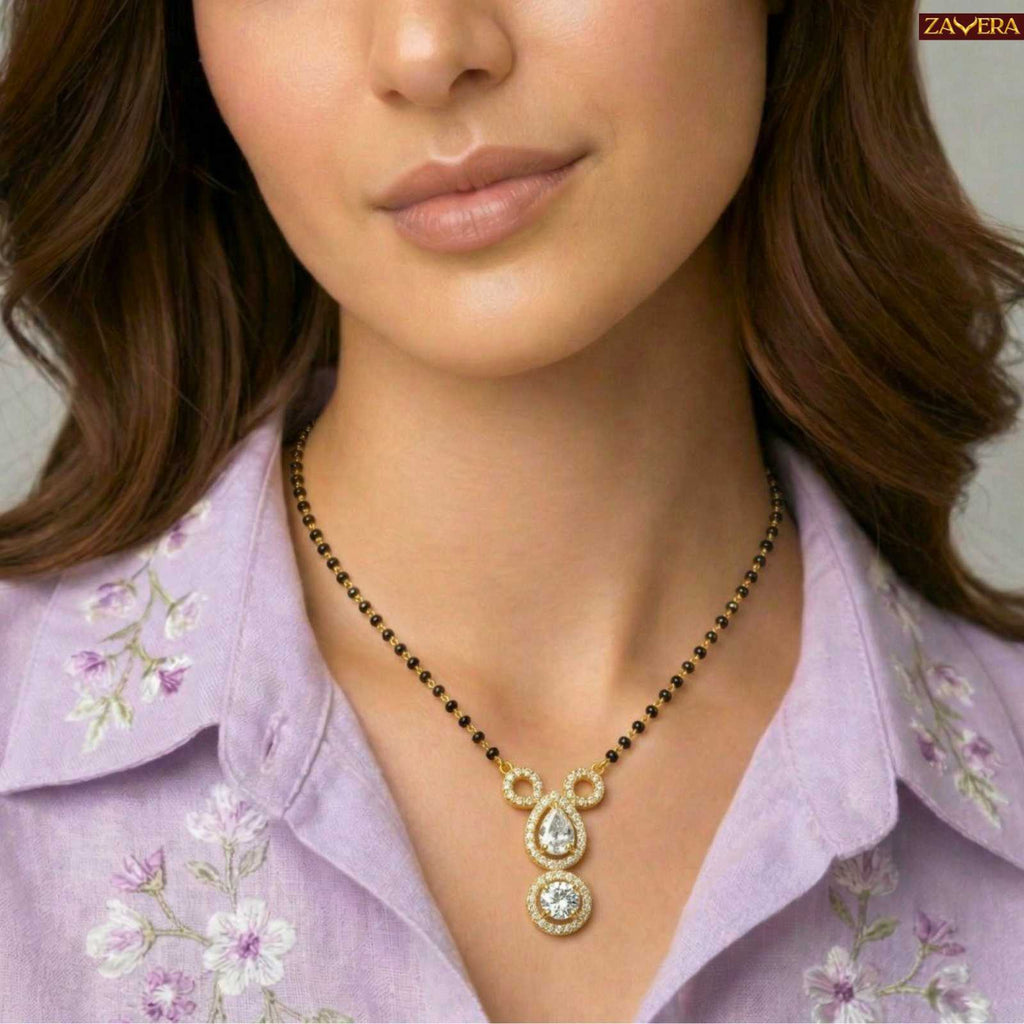 Zavera Diamond Design Gold Plated Mangalsutra Pendant with Black Beads Chain