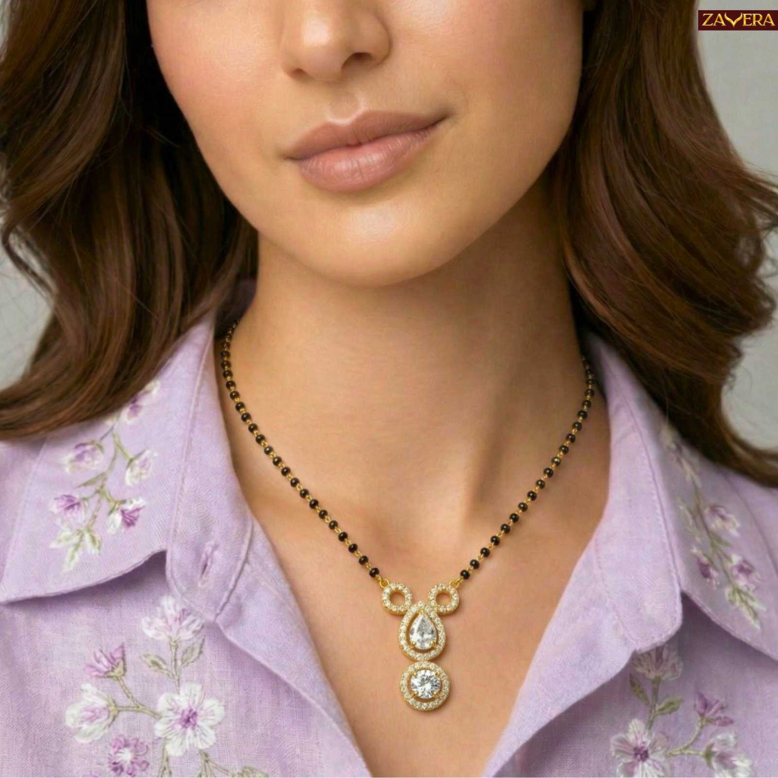 Zavera Diamond Design Gold Plated Mangalsutra Pendant with Black Beads Chain