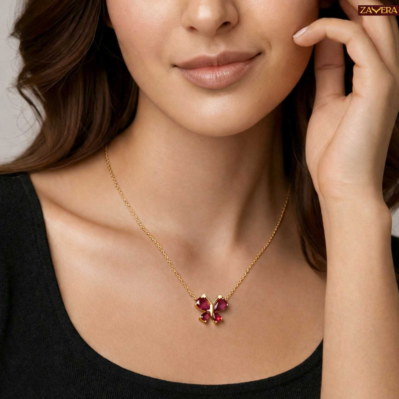 Zavera Gold Plated Pink Crystal Butterfly Pendant
