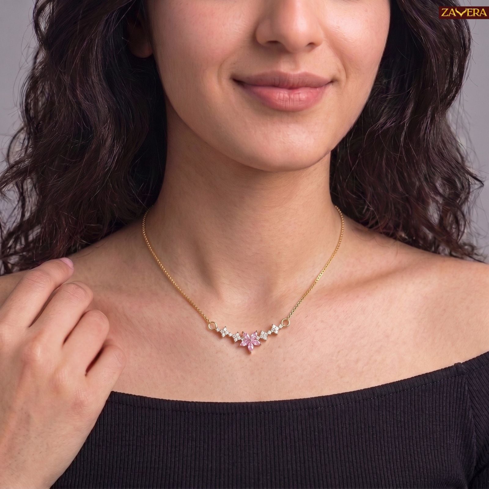 Zavera Gold Plated Pink Flower Pendant For Women