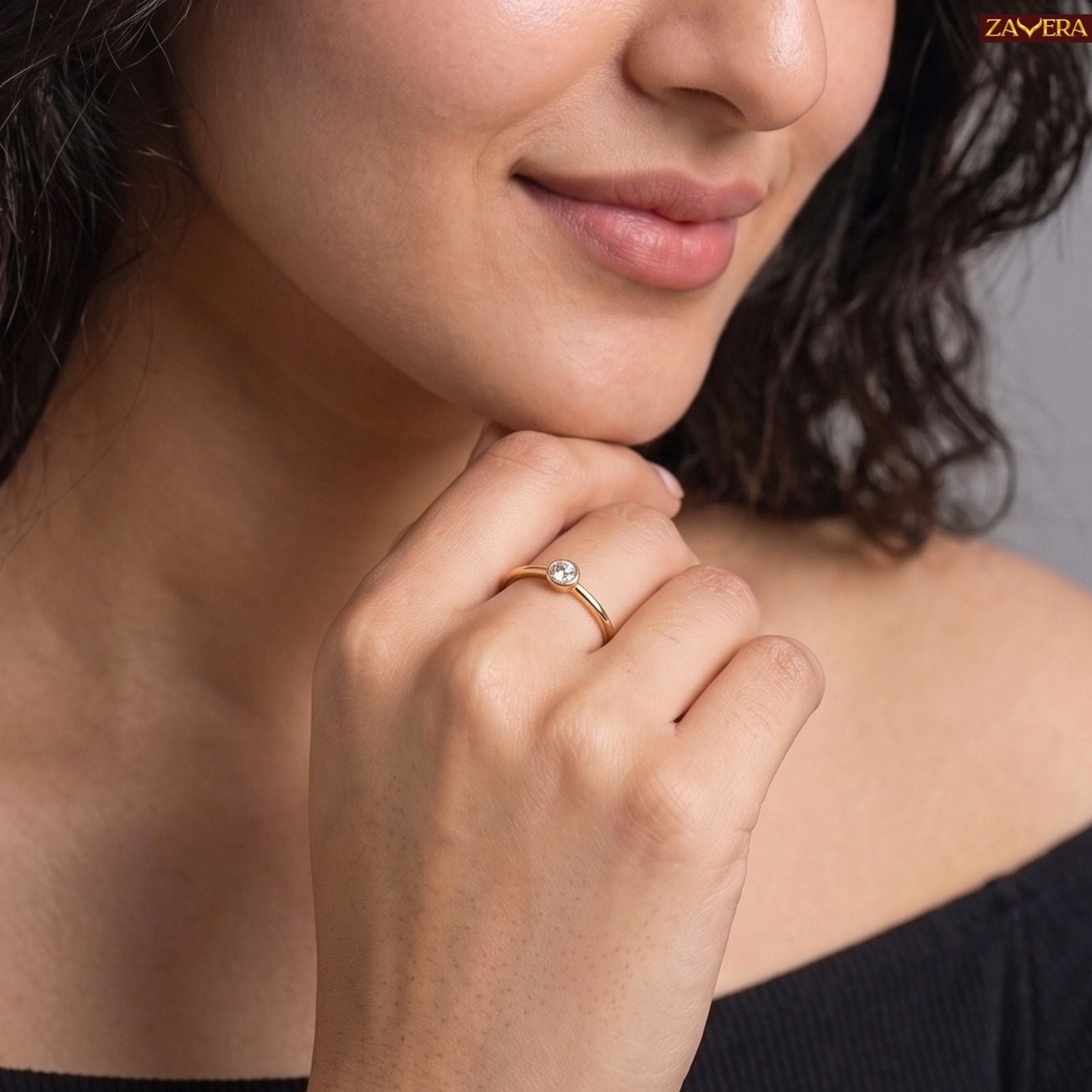 Zavera Brass 22K Classic Solitaire Gold Plated Adjustable Ring For Women