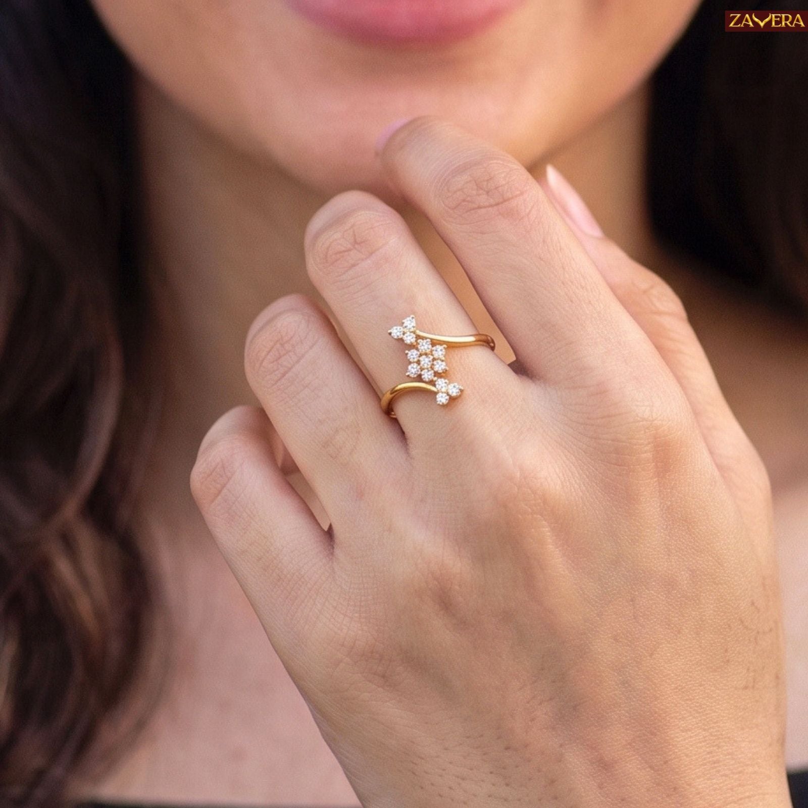 Zavera Brass 22K Floral American Diamond Gold Plated Adjustable Ring For Women