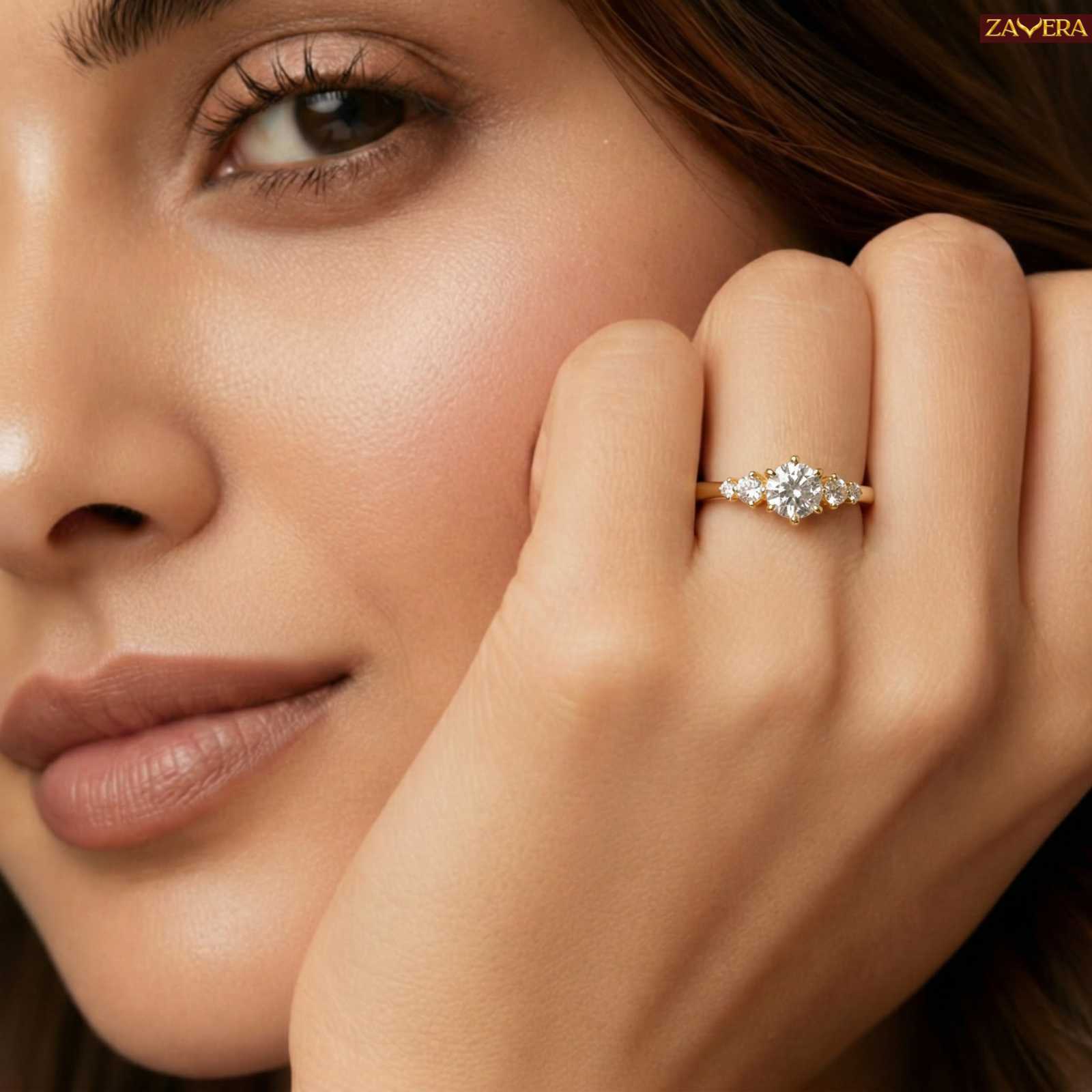 Zavera Round Solitaire Crystal Adjustable Ring Gold Plated