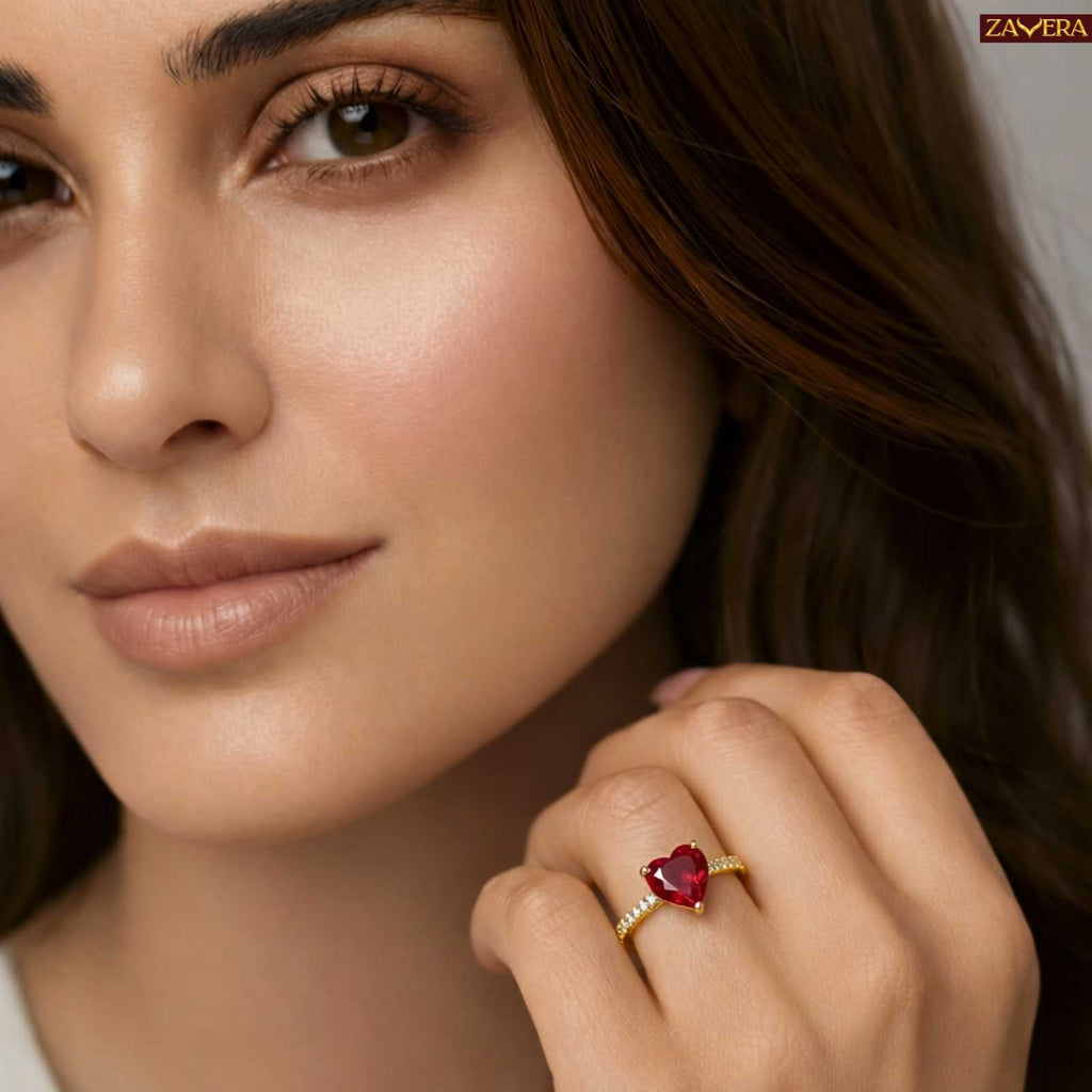 Gold Plated Blazing Red Heart Adjustable  Ring