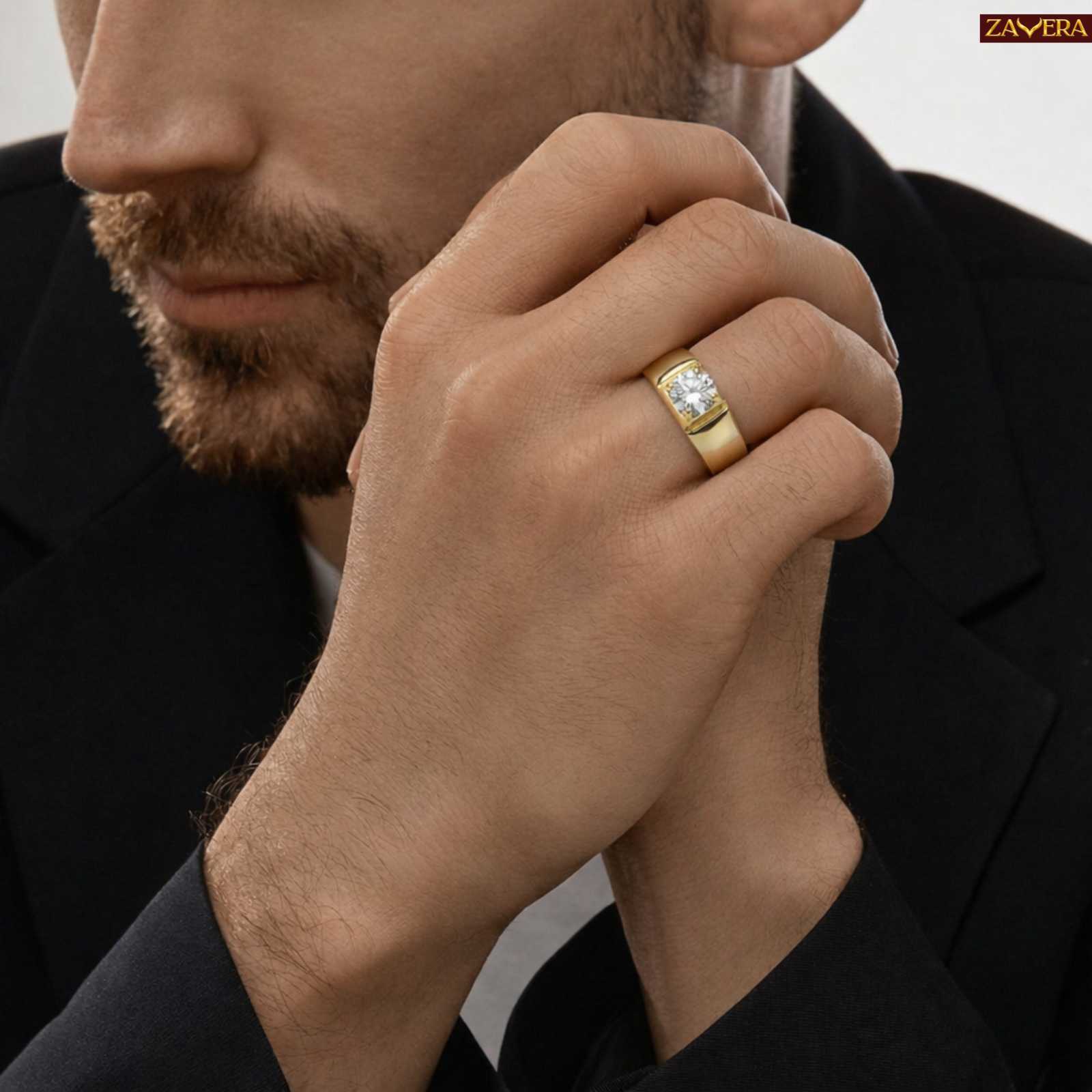 Zavera Men Round Solitaire Crystal Adjustable Ring Gold Plated