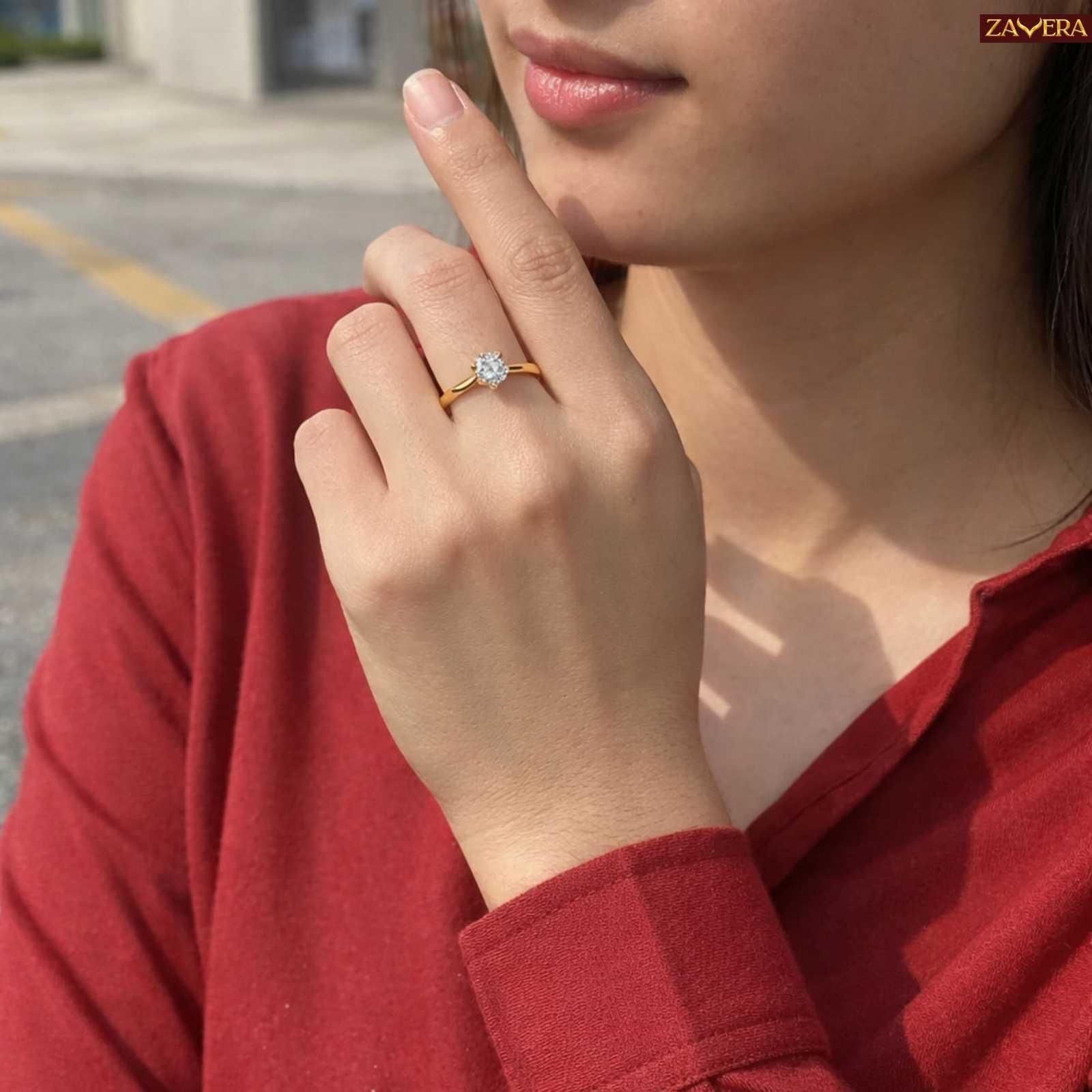 Zavera Gold Plated Halo Round Stone Adjustable Ring