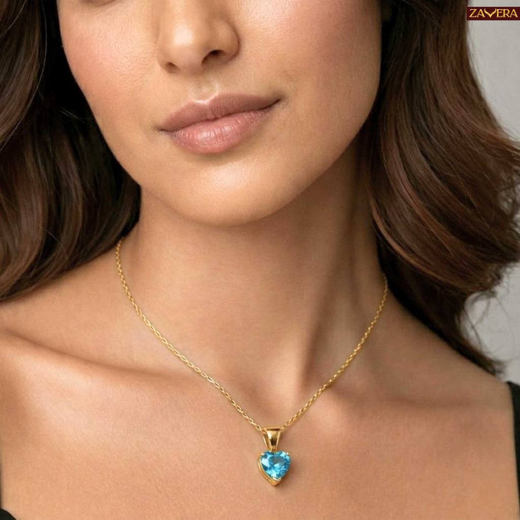 Zavera Blue Heart Shape Crystal Pendant Gold Plated