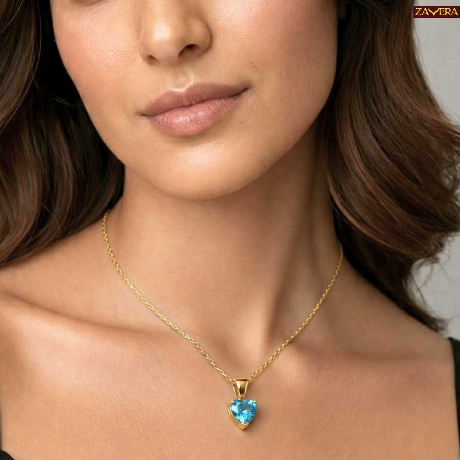 Zavera Blue Heart Shape Crystal Pendant Gold Plated