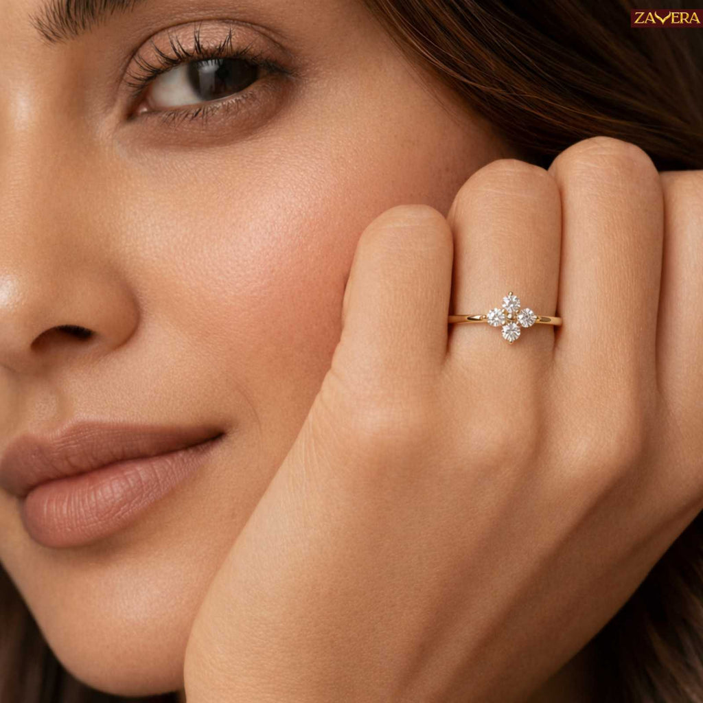 Zavera Floral Diamond Design Gold Plated Adjustable Ring
