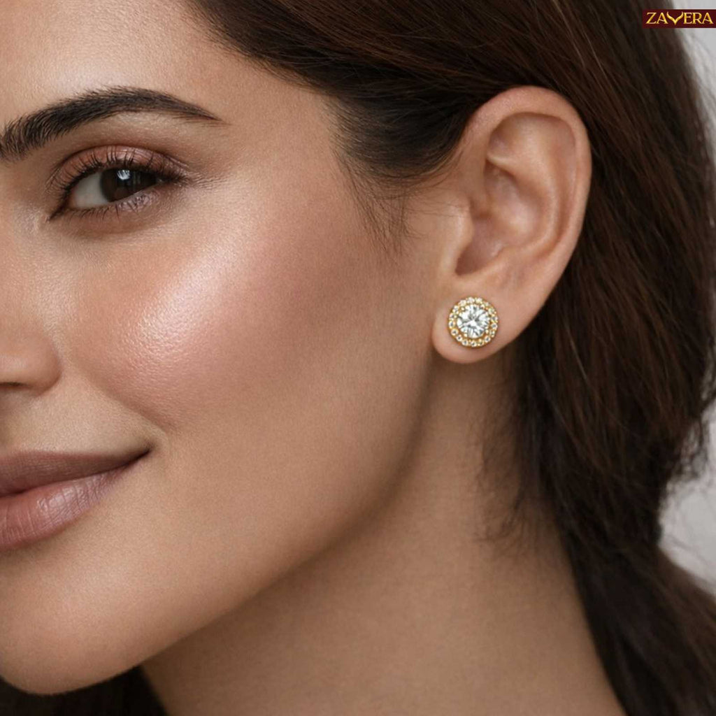 Zavera Gold Plated Round Halo American Diamond Stud Earrings for Women