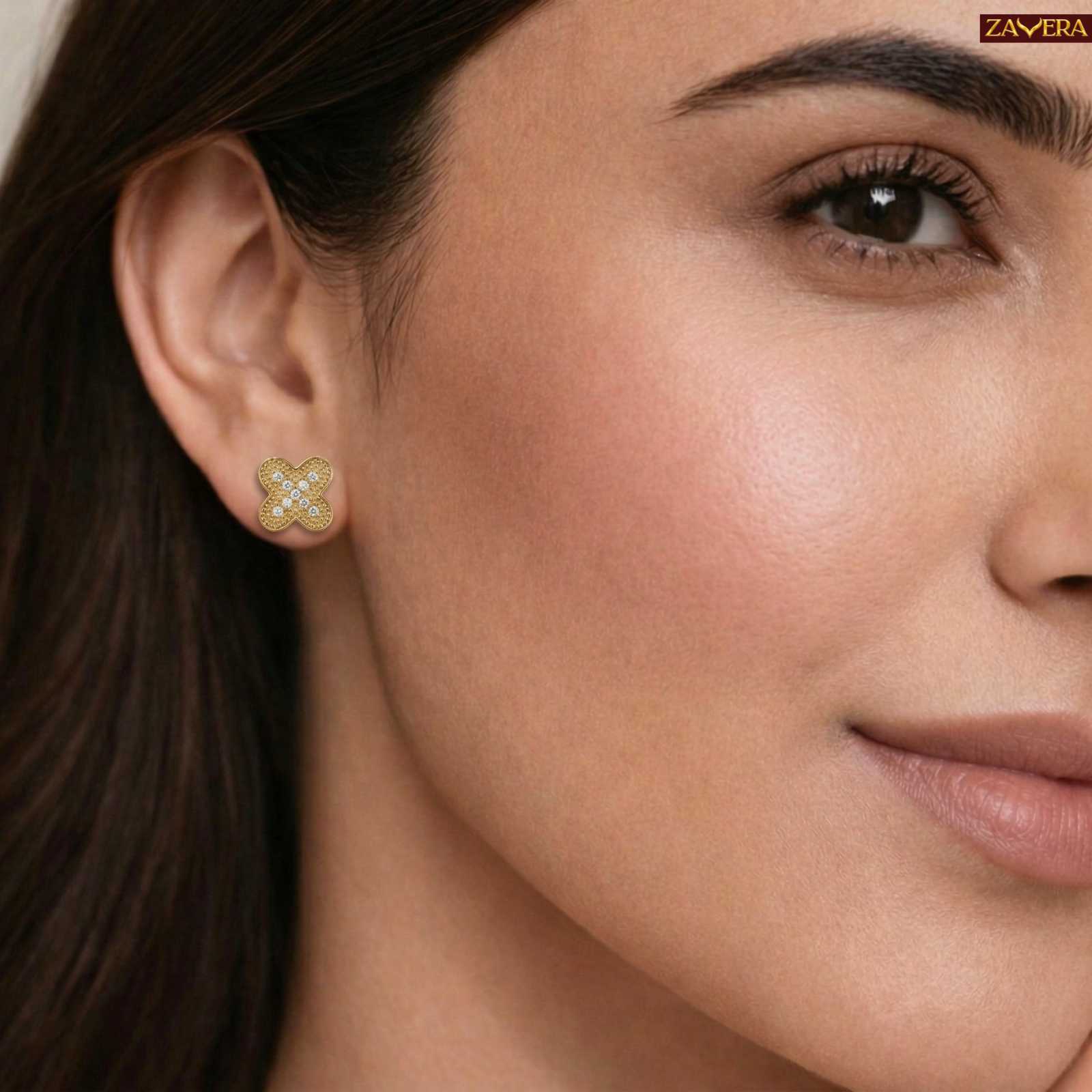 Zavera Floral Stud Diamond Gold Plated Earrings