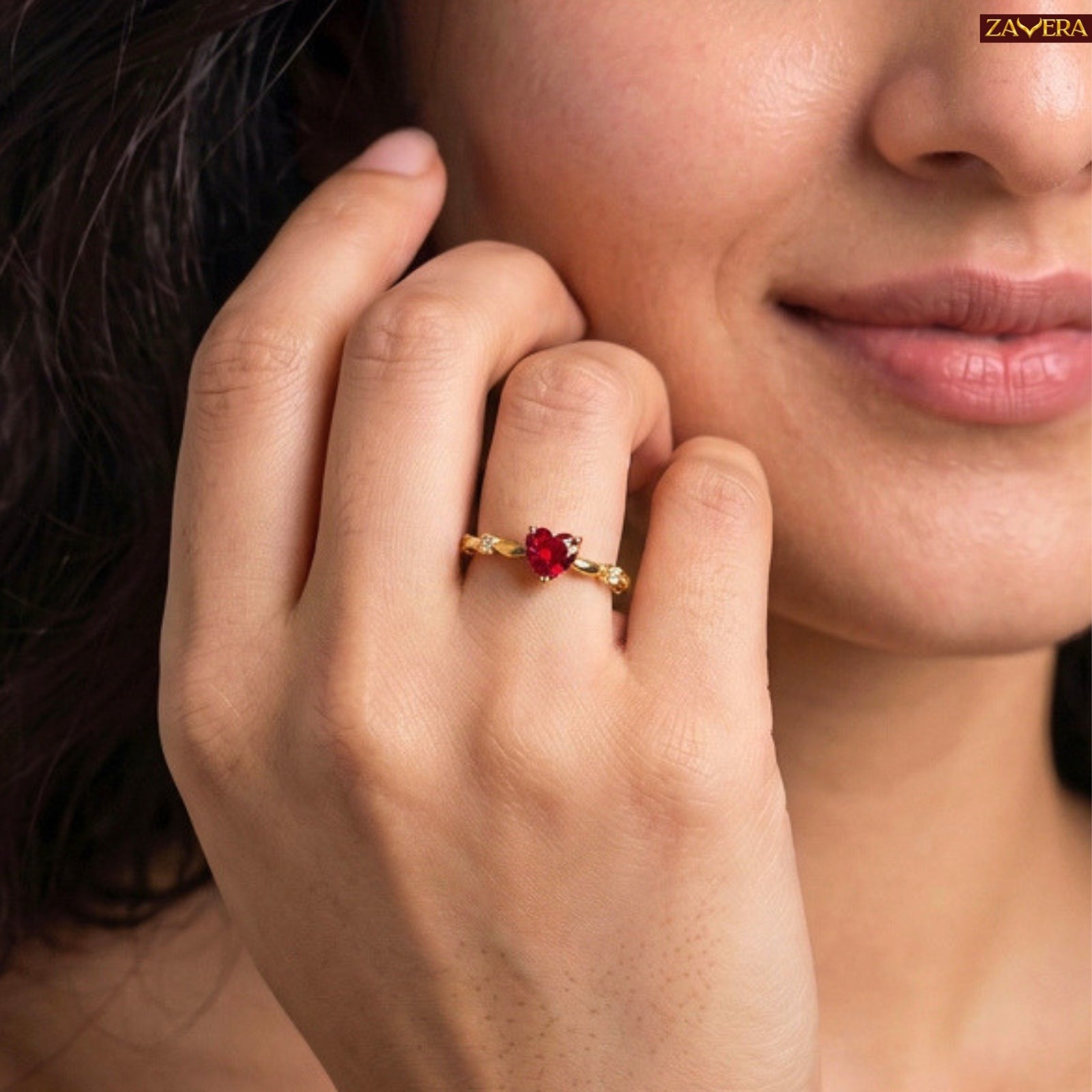 Zavera Brass 22K Crimson Heart Gold Plated Ring For Women