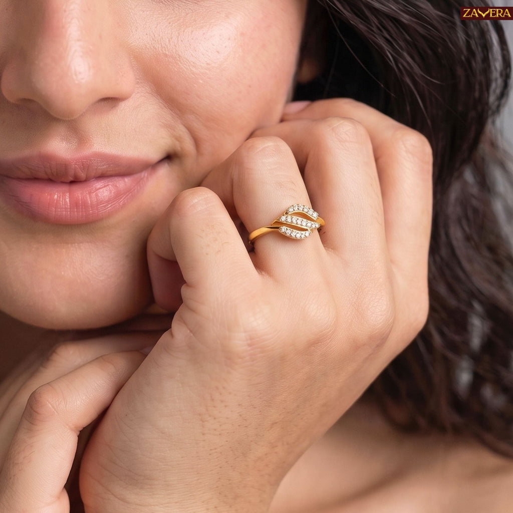 Zavera Brass 22K  Luxury Leaf Motif Style Gold Plated Ring For Women
