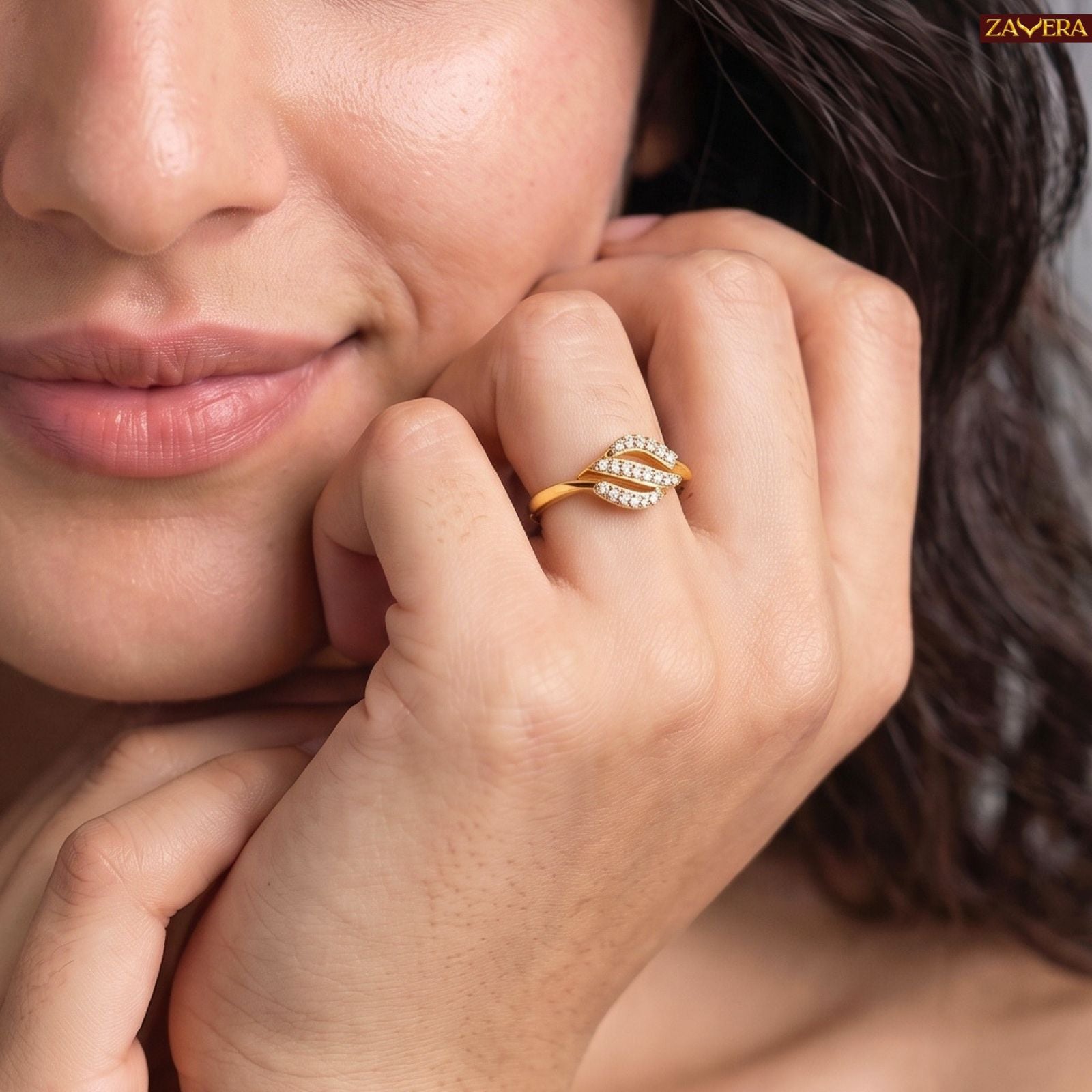 Zavera Brass 22K  Luxury Leaf Motif Style Gold Plated Ring For Women