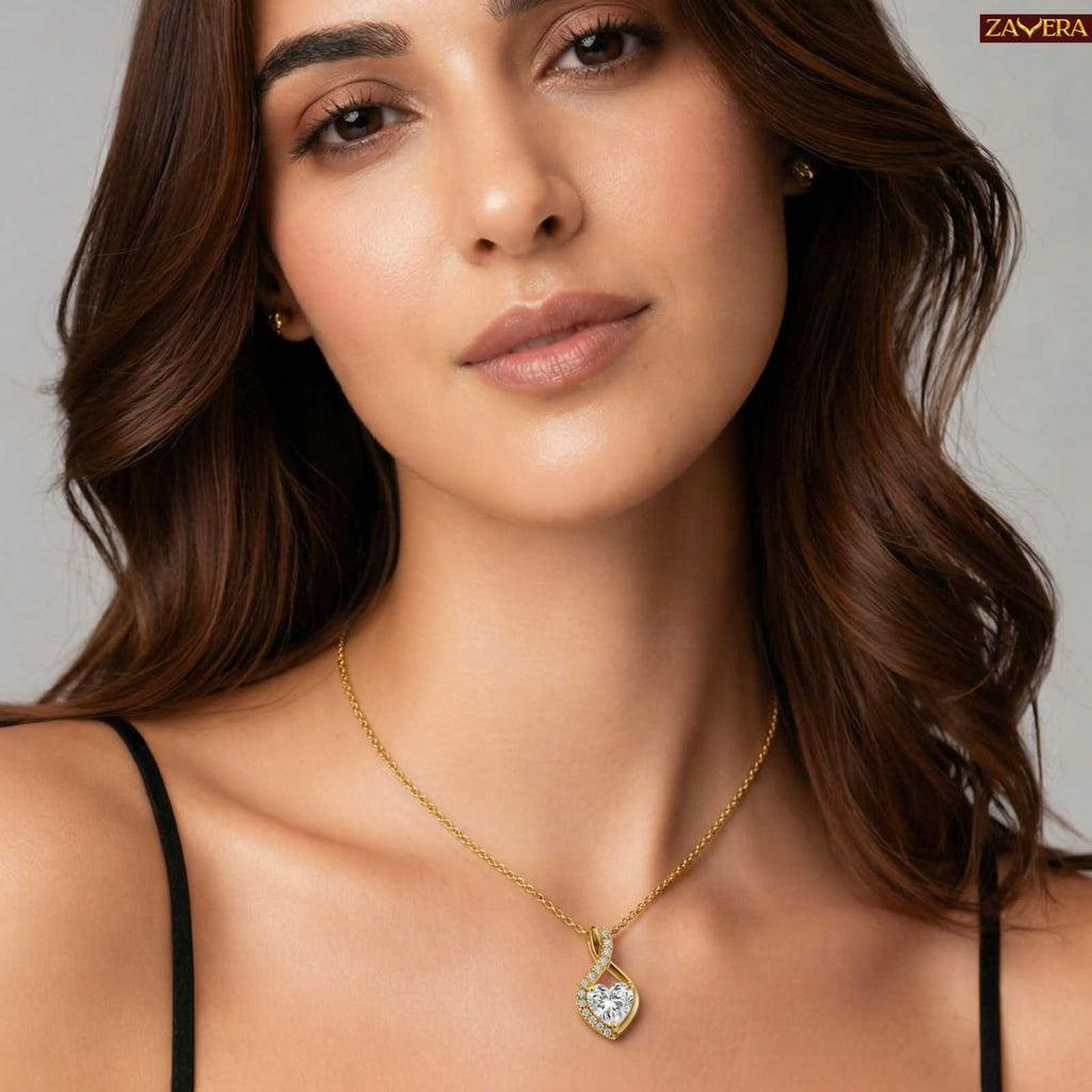 Zavera Elegant Twist Heart Diamond Gold Plated Pendant