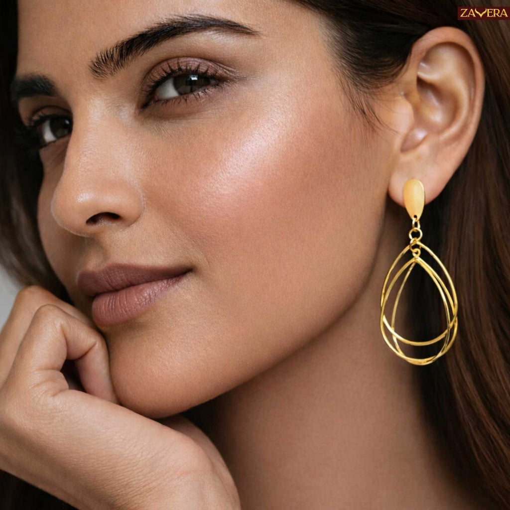 Layered Teardrop Gold Plated Drop Earrings For Women