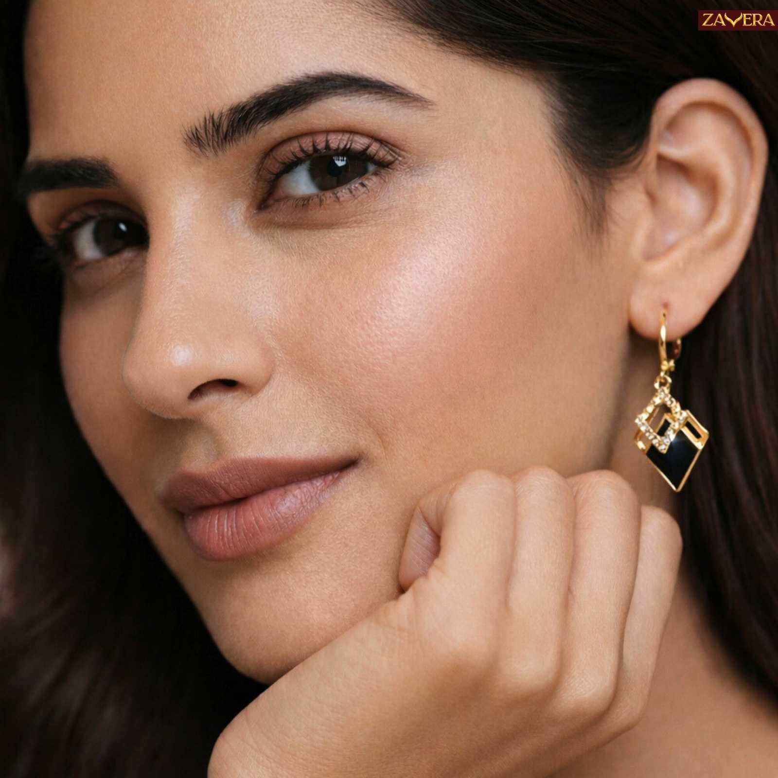 Black Enamel Square Gold Plated Earrings For Women